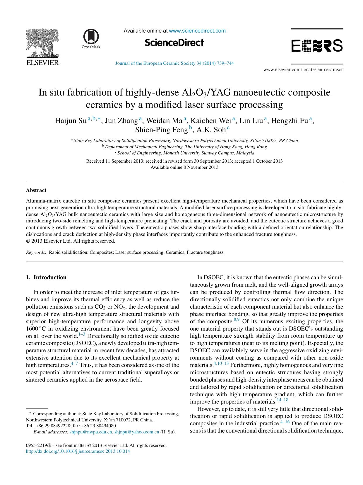 In situ fabrication of highly-dense Al2O3YAG nanoeutectic composite ceramics by a modified laser surface processing by Haijun Su & Jun Zhang & Weidan Ma & Kaichen Wei & Lin Liu & Hengzhi Fu & Shien-Ping Feng & A.K. Soh