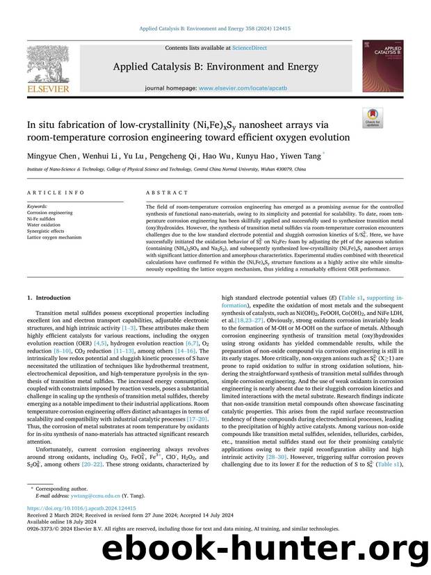 In situ fabrication of low-crystallinity (Ni,Fe)xSy nanosheet arrays via room-temperature corrosion engineering toward efficient oxygen evolution by Mingyue Chen & Wenhui Li & Yu Lu & Pengcheng Qi & Hao Wu & Kunyu Hao & Yiwen Tang