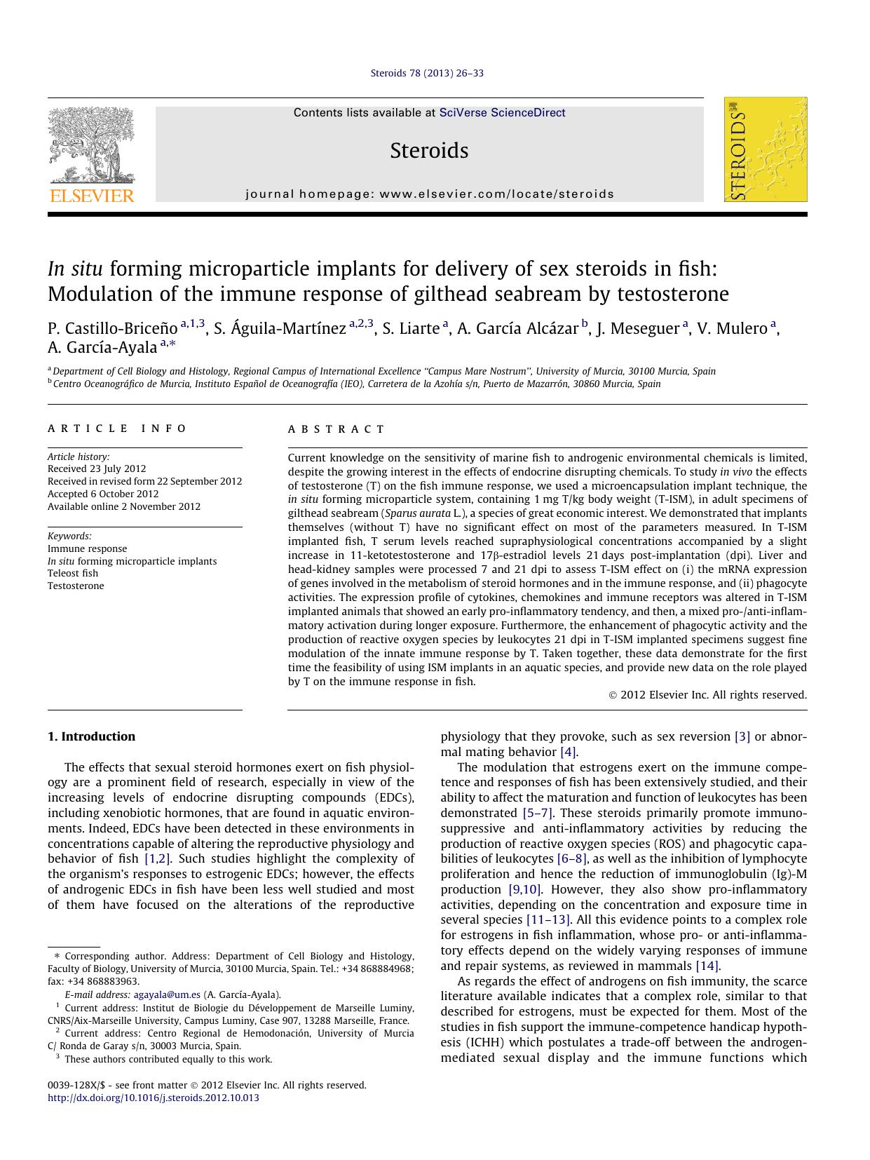 In situ forming microparticle implants for delivery of sex steroids in fish: Modulation of the immune response of gilthead seabream by testosterone by unknow