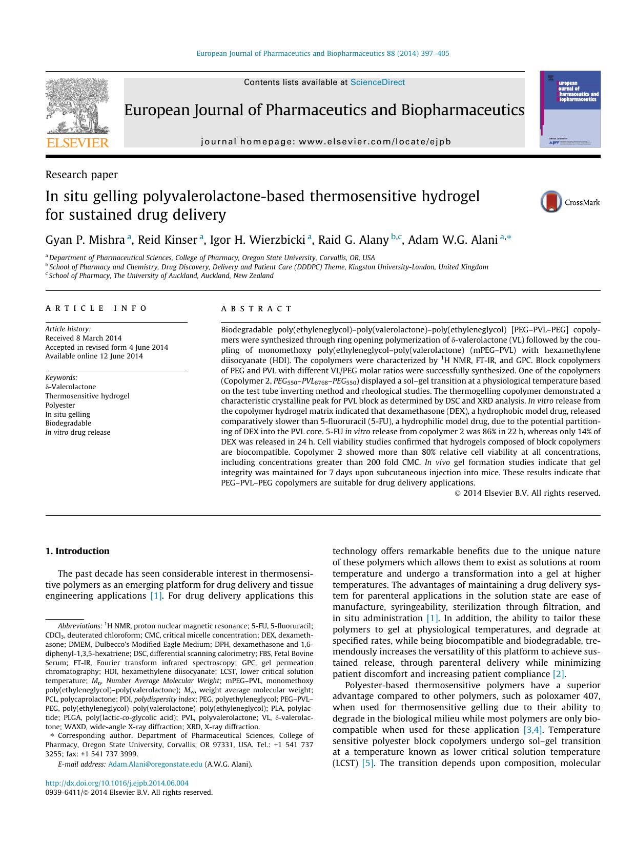 In situ gelling polyvalerolactone-based thermosensitive hydrogel for sustained drug delivery by Gyan P. Mishra & Reid Kinser & Igor H. Wierzbicki & Raid G. Alany & Adam W.G. Alani