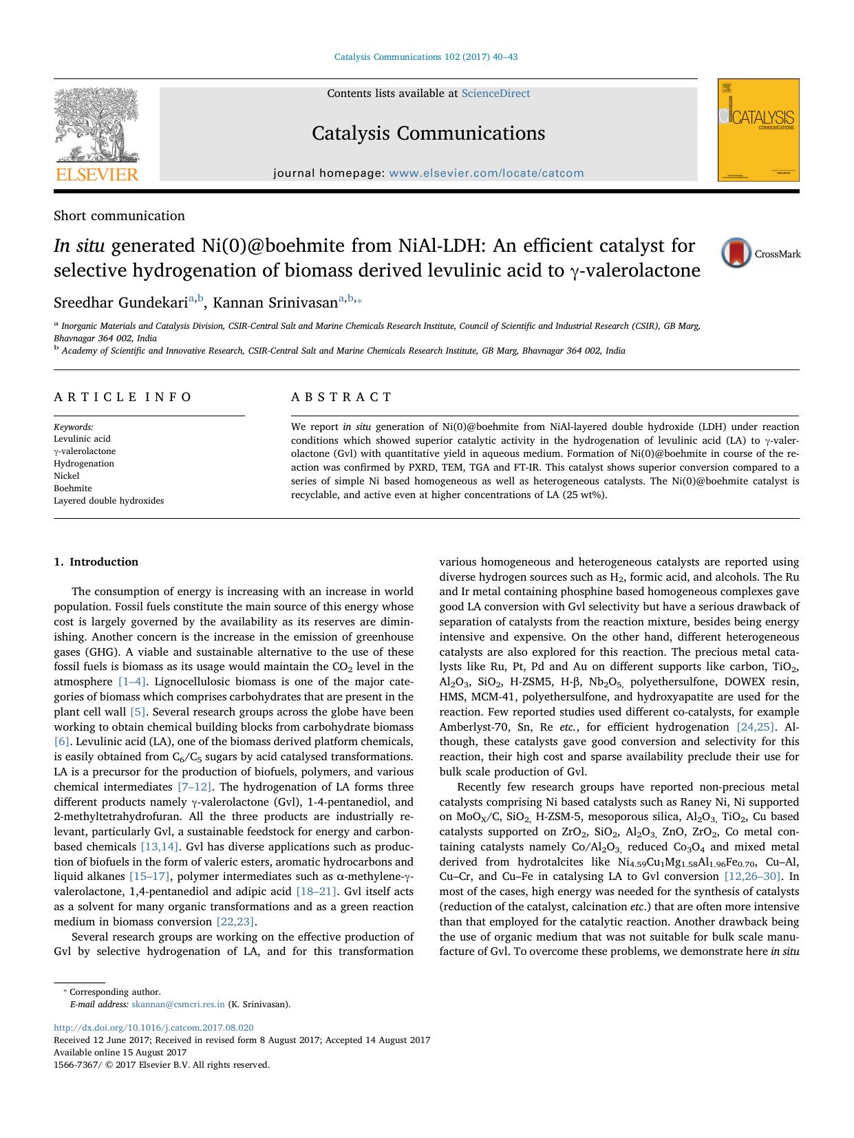 In situ generated Ni(0)@boehmite from NiAl-LDH_ An efficient catalyst for selective hydrogenation of biomass derived levulinic acid to Î³-valerolactone by Sreedhar Gundekari & Kannan Srinivasan