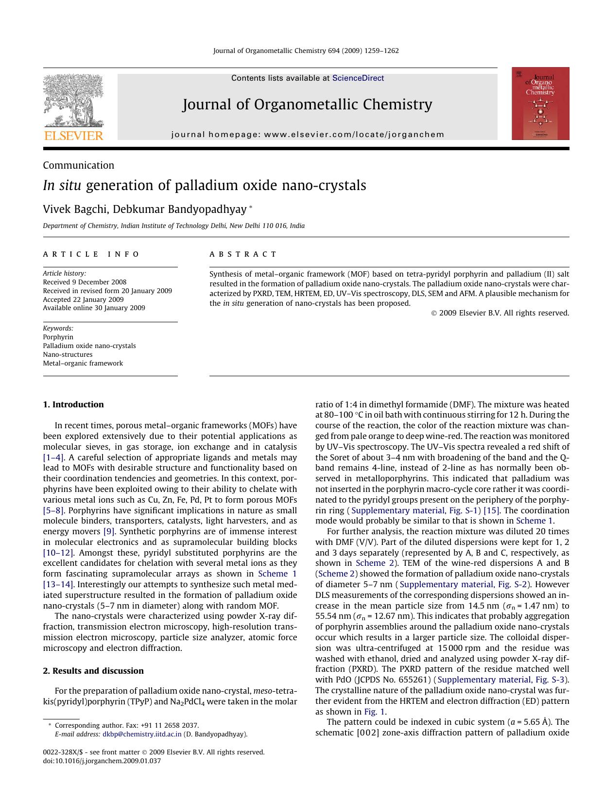 In situ generation of palladium oxide nano-crystals by Vivek Bagchi; Debkumar Bandyopadhyay