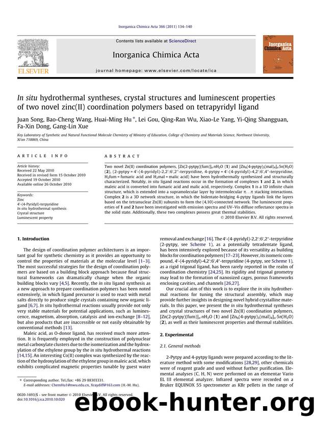 In situ hydrothermal syntheses, crystal structures and luminescent properties of two novel zinc(II) coordination polymers based on tetrapyridyl ligand by unknow