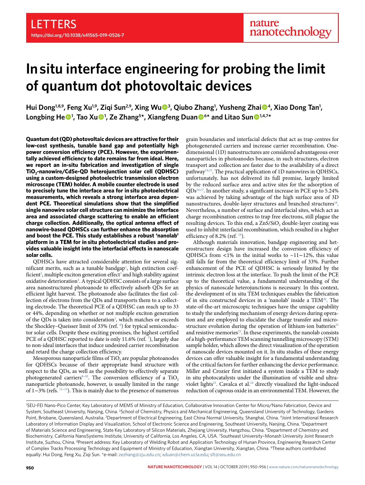 In situ interface engineering for probing the limit of quantum dot photovoltaic devices by unknow