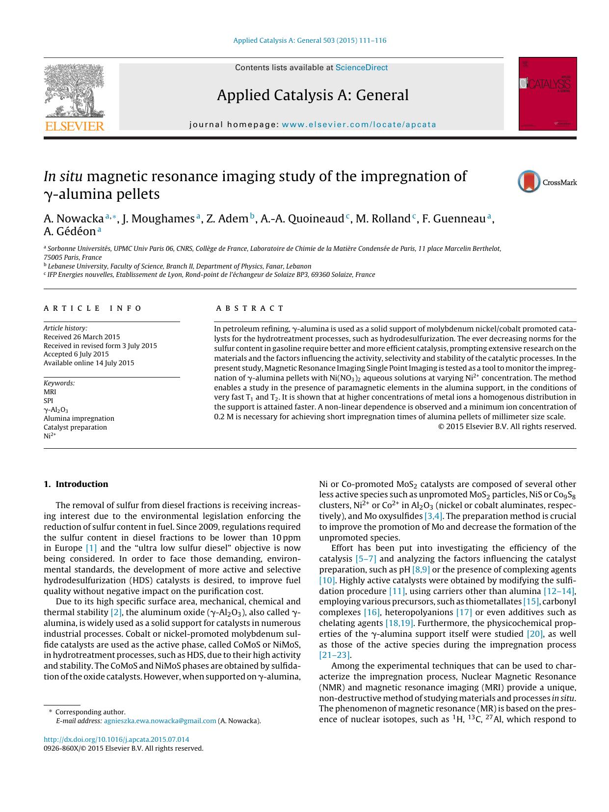 In situ magnetic resonance imaging study of the impregnation of Î³-alumina pellets by J. Moughames & Z. Adem & A.-A. Quoineaud & M. Rolland & F. Guenneau & A. Gédéon
