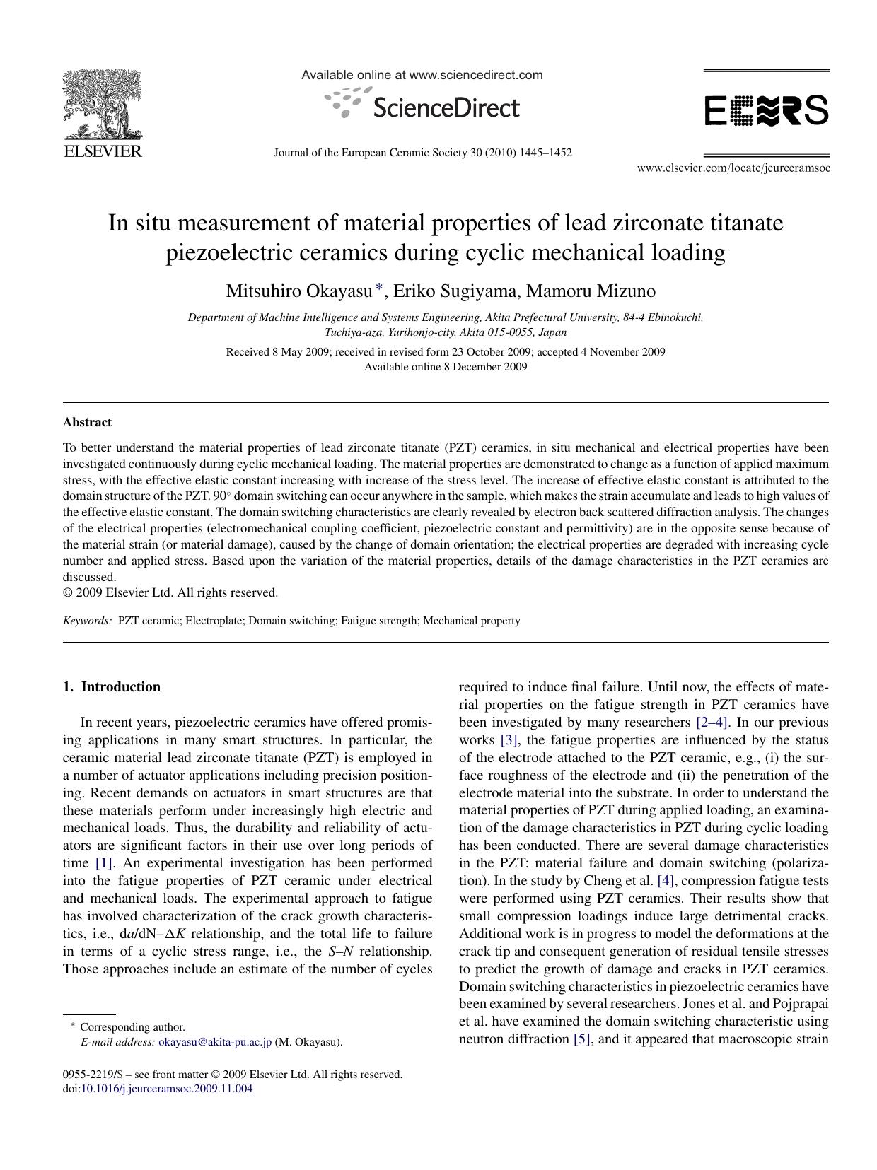In situ measurement of material properties of lead zirconate titanate piezoelectric ceramics during cyclic mechanical loading by Mitsuhiro Okayasu; Eriko Sugiyama; Mamoru Mizuno