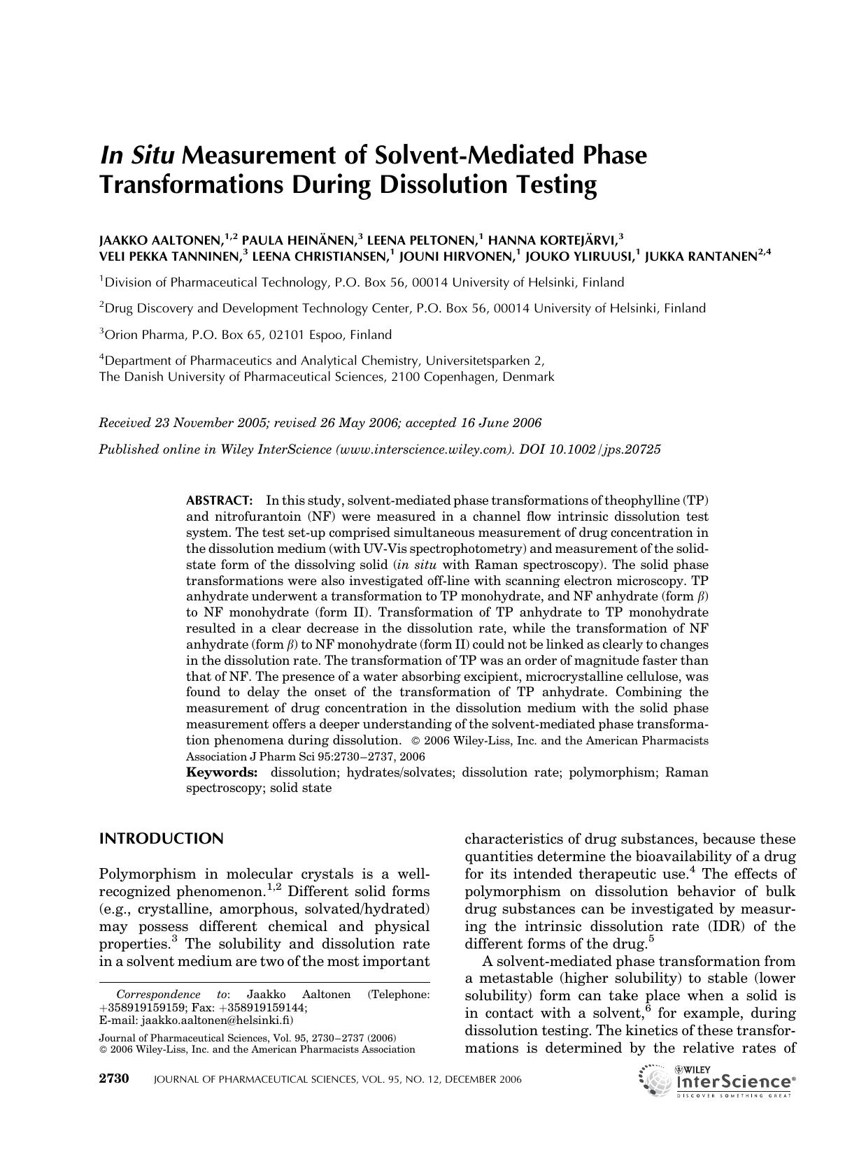 In situ measurement of solvent-mediated phase transformations during dissolution testing by Unknown