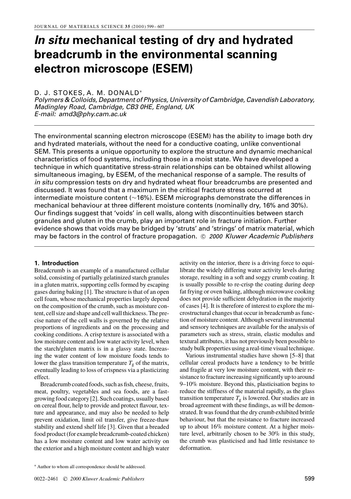 In situ mechanical testing of dry and hydrated breadcrumb in the environmental scanning electron microscope (ESEM) by Unknown