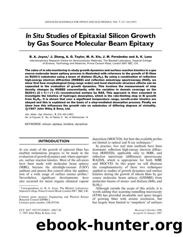 In situ studies of epitaxial silicon growth by gas source molecular beam epitaxy by Joyce B. A. Zhang J. Taylor A. G. Xie M. H. Fernandez J. M. & Lees A. K