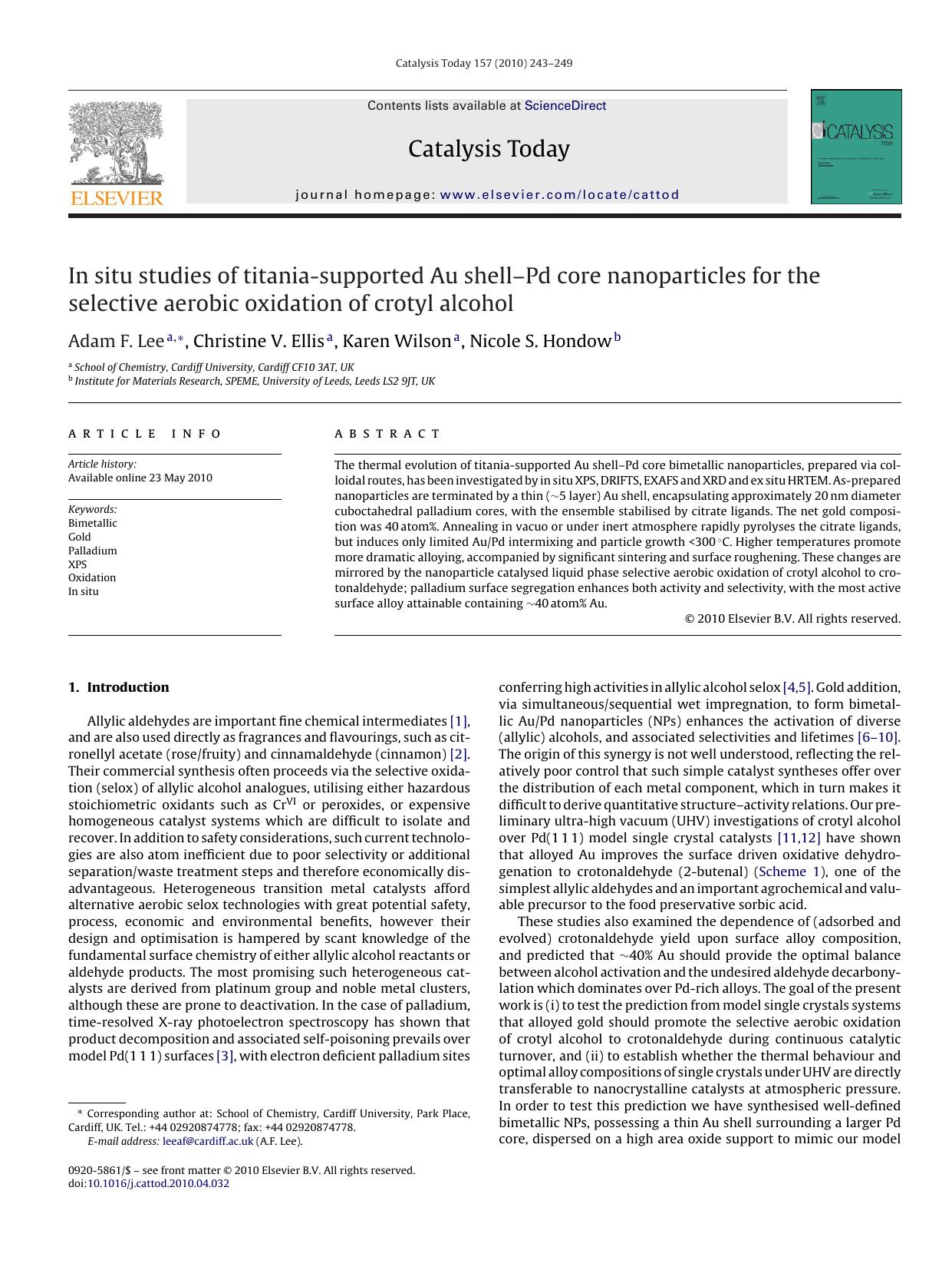 In situ studies of titania-supported Au shellÃ¢â¬âPd core nanoparticles for the selective aerobic oxidation of crotyl alcohol by Adam F. Lee