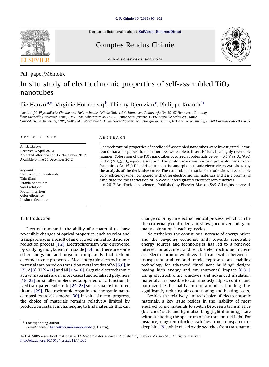In situ study of electrochromic properties of self-assembled TiO2 nanotubes by Ilie Hanzu