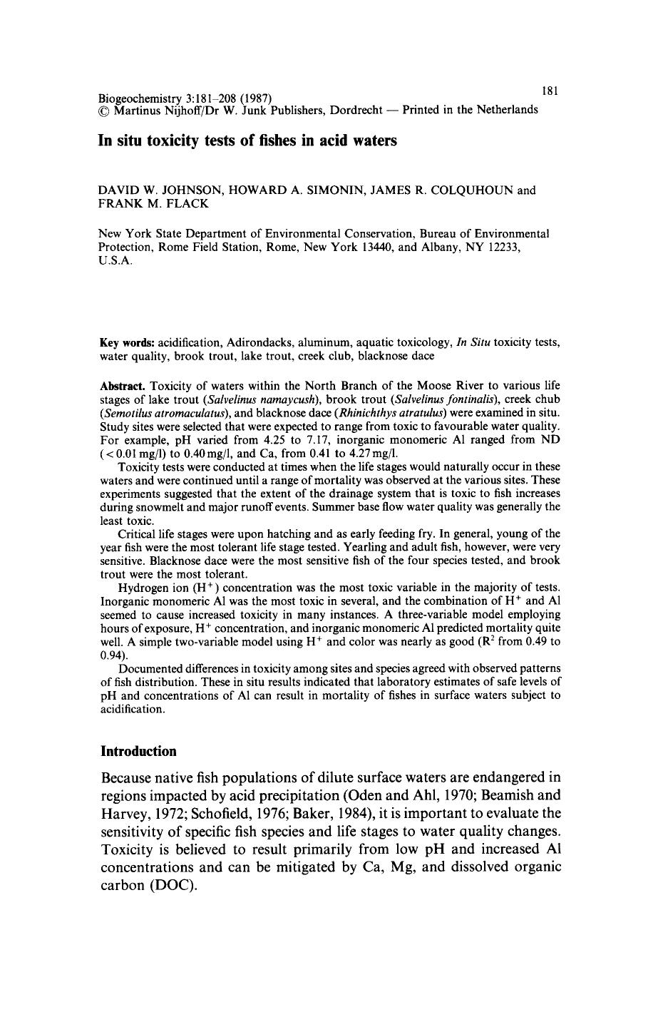 In situ toxicity tests of fishes in acid waters by Unknown