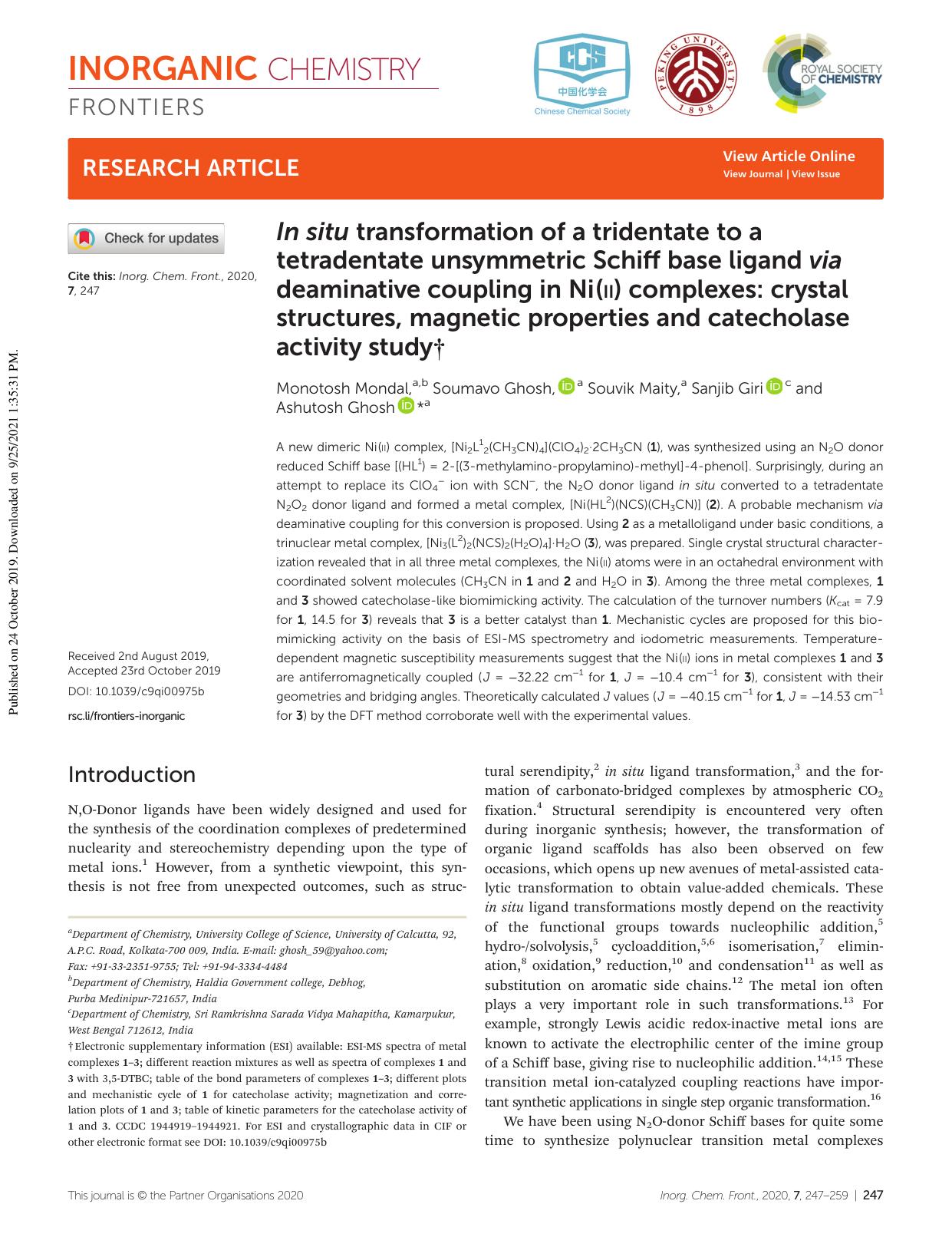 In situ transformation of a tridentate to a tetradentate unsymmetric Schiff base ligand via deaminative coupling in Ni(II) complexes: crystal structures, magnetic properties and ca by Monotosh Mondal Soumavo Ghosh Souvik Maity Sanjib Giri Ashutosh Ghosh
