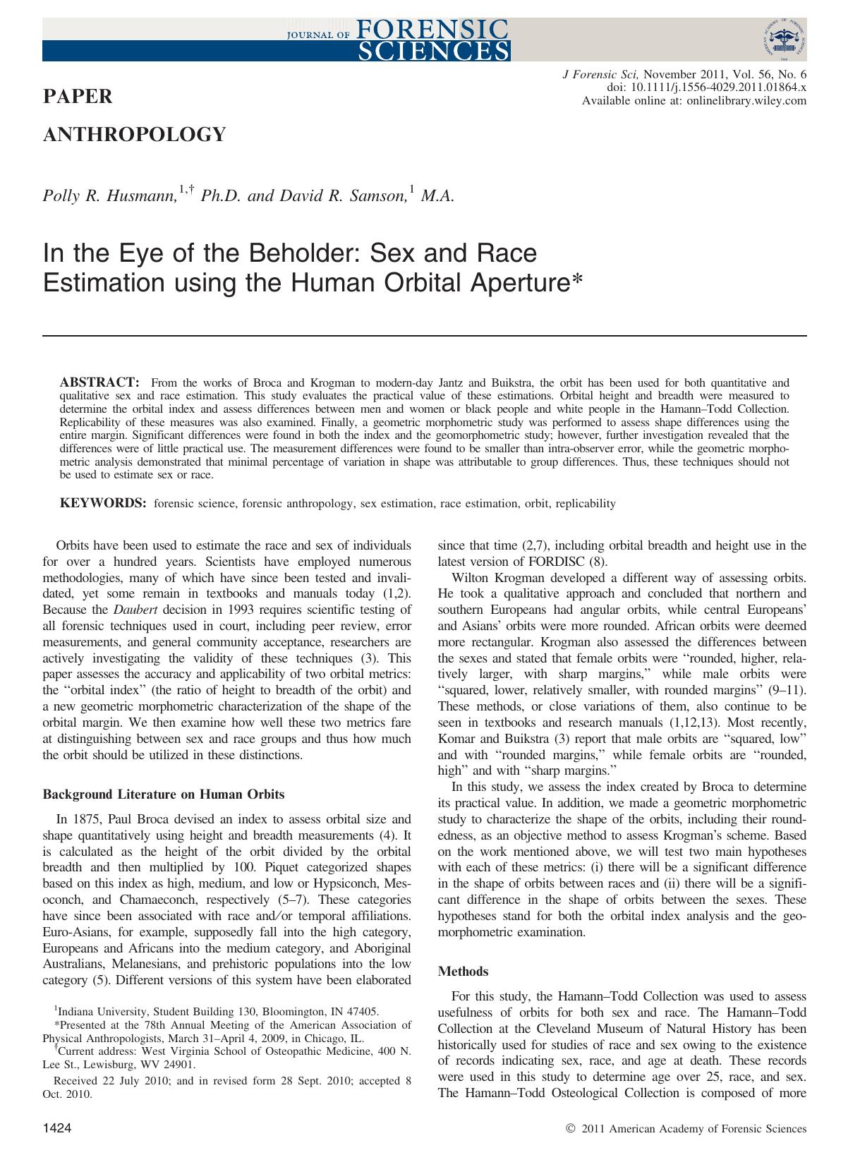 In the Eye of the Beholder: Sex and Race Estimation using the Human Orbital Aperture by Unknown