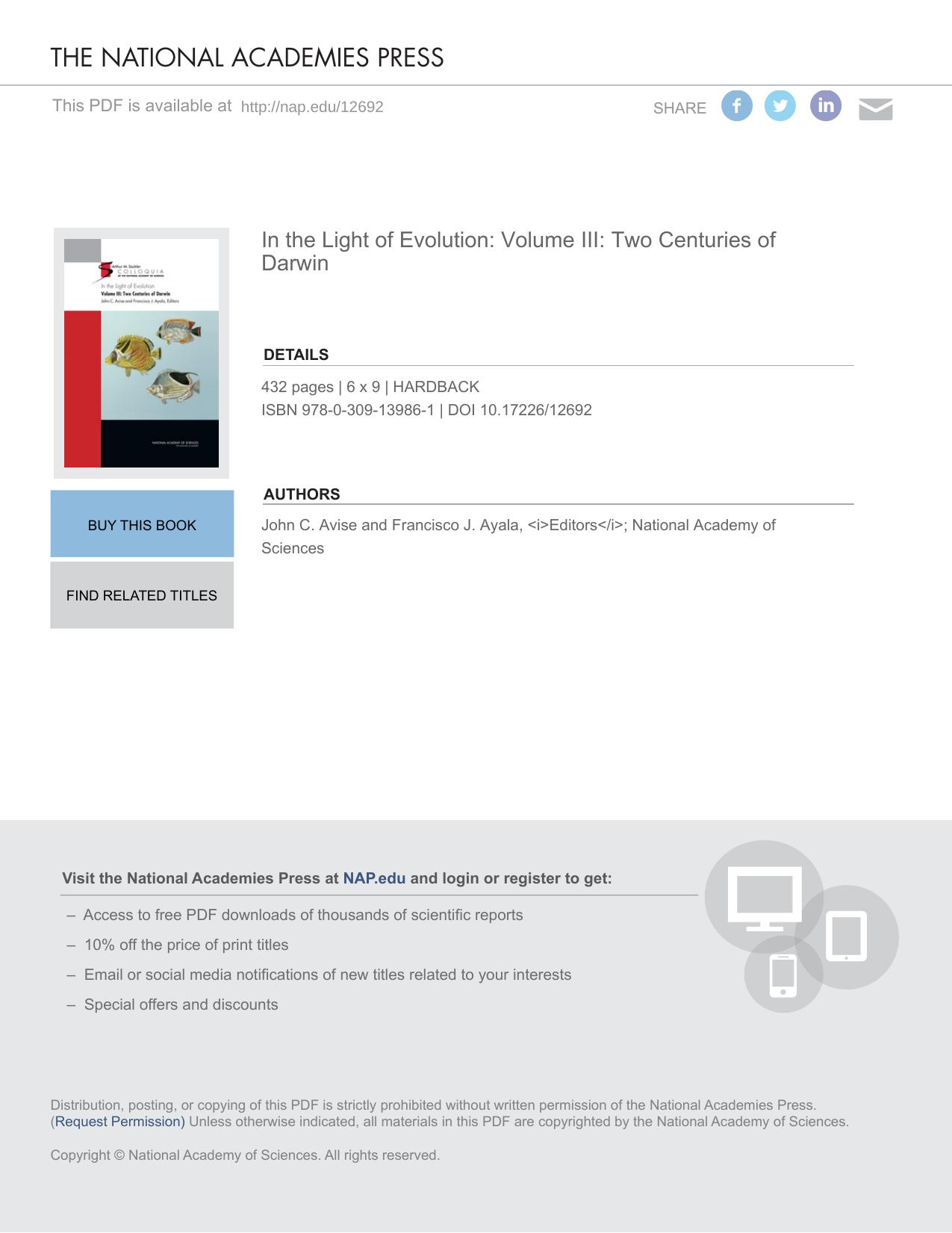 In the Light of Evolution: Volume III: Two Centuries of Darwin by John C. Avise & Francisco J. Ayala <i>Editors</i>; National Academy of Sciences