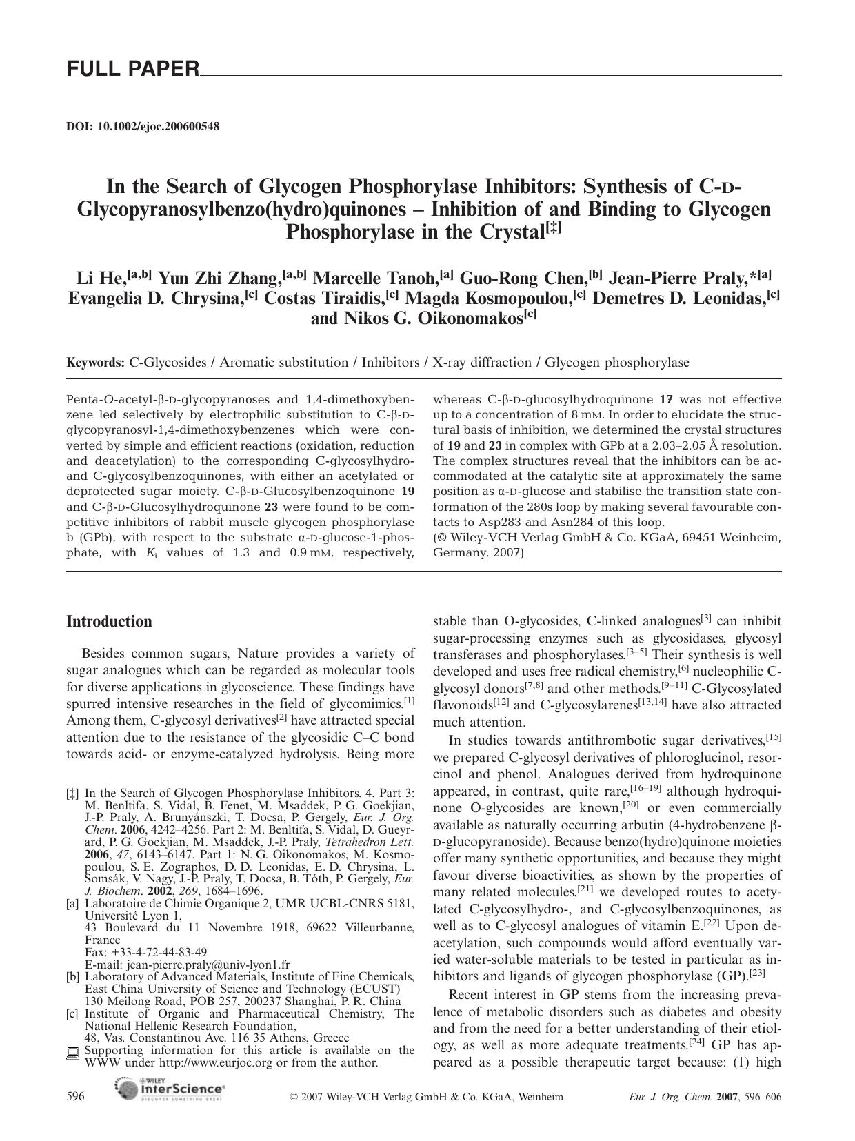 In the Search of Glycogen Phosphorylase Inhibitors: Synthesis of C-D-Glycopyranosylbenzo(hydro)quinones - Inhibition of and Binding to Glycogen Phosphorylase in the Crystal by Unknown