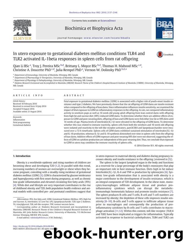 In utero exposure to gestational diabetes mellitus conditions TLR4 and TLR2 activated IL-1beta responses in spleen cells from rat offspring by unknow