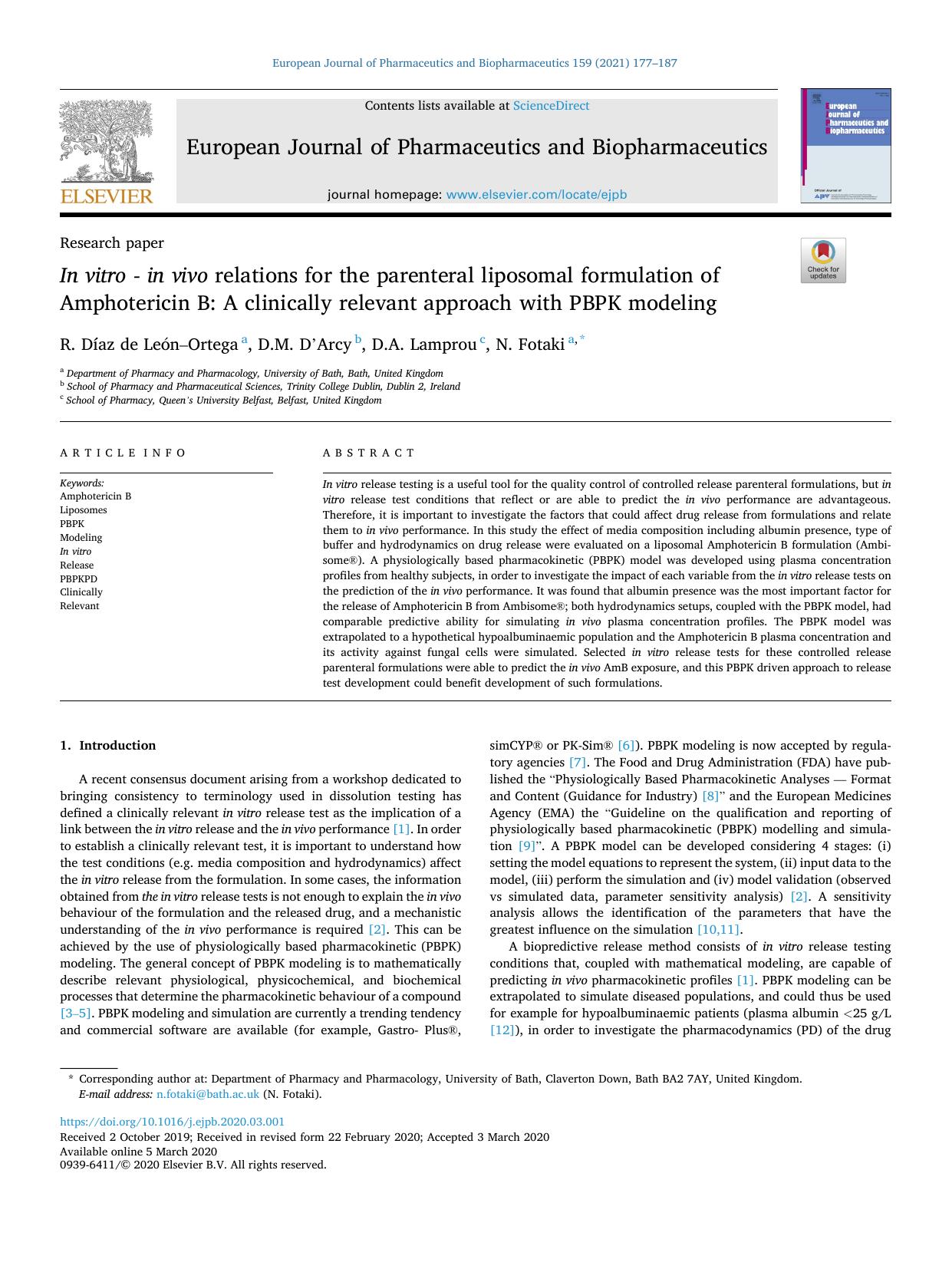 In vitro - in vivo relations for the parenteral liposomal formulation of Amphotericin B: A clinically relevant approach with PBPK modeling by R. Díaz de León–Ortega & D.M. D'Arcy & D.A. Lamprou & N. Fotaki