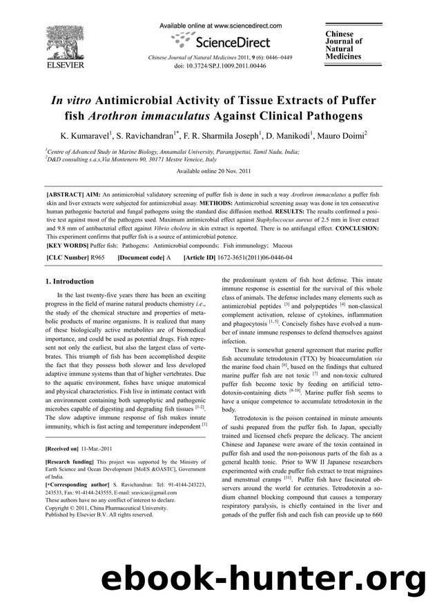 In vitro Antimicrobial Activity of Tissue Extracts of Puffer fish Arothron immaculatus Against Clinical Pathogens by K. Kumaravel & S. Ravichandran & F.R. Sharmila Joseph & D. Manikodi & Mauro Doimi