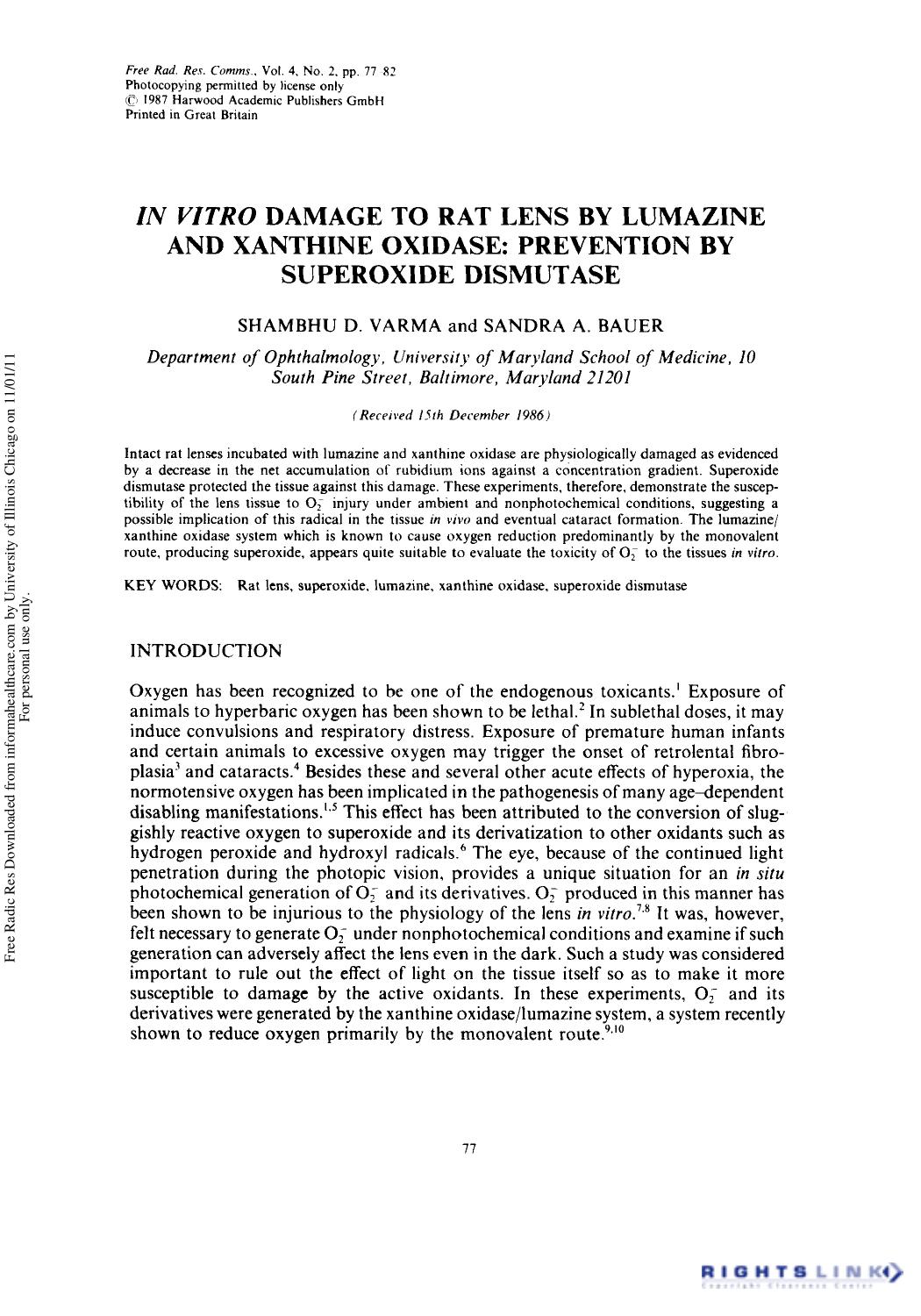 In vitro Damage to Rat Lens by Lumazine and Xanthine Oxidase: Prevention by Superoxide Dismutase by Shambhu D. Varma1 & Sandra A. Bauer1