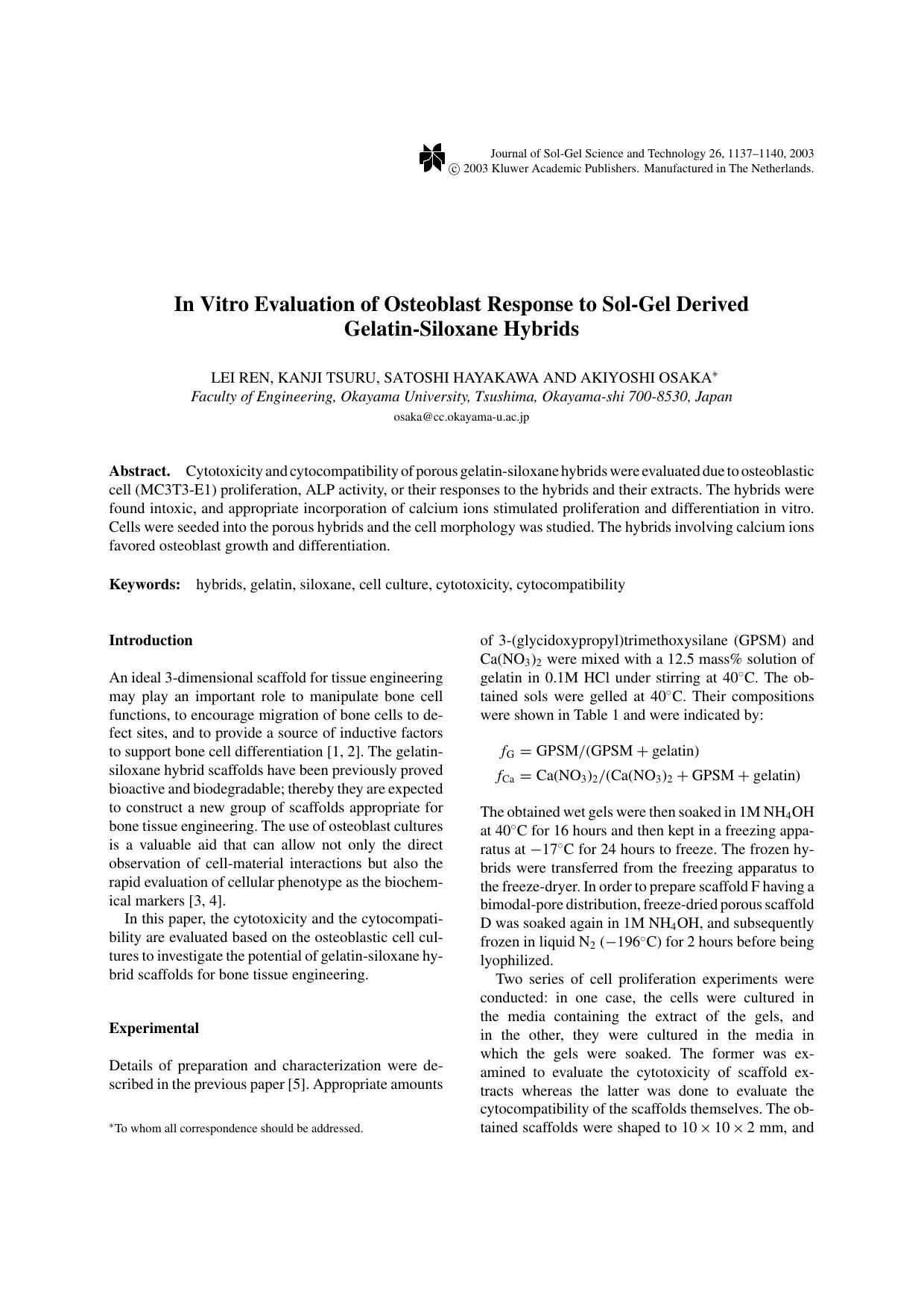 In vitro Evaluation of Osteoblast Response to Sol-Gel Derived Gelatin-Siloxane Hybrids by Unknown