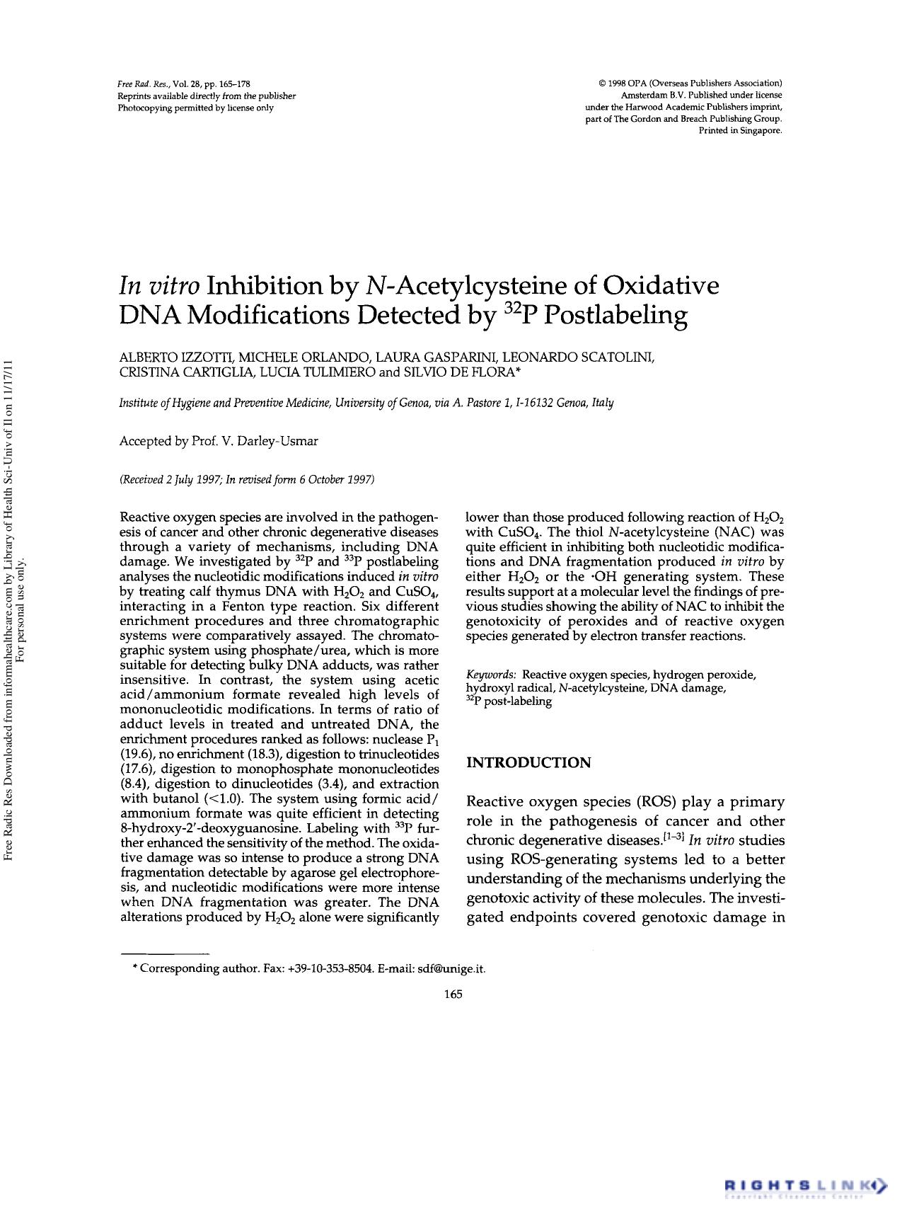 In vitro Inhibition by N-Acetylcysteine of Oxidative DNA Modifications Detected by 32P Postlabeling by unknow