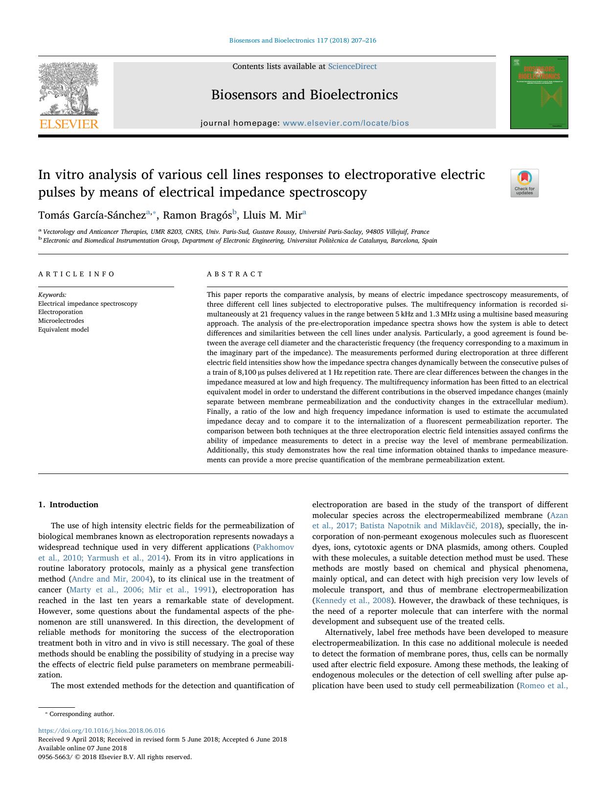 In vitro analysis of various cell lines responses to electroporative electric pulses by means of electrical impedance spectroscopy by Tomás García-Sánchez & Ramon Bragós & Lluis M. Mir