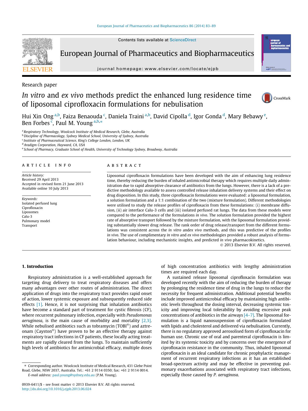 In vitro and ex vivo methods predict the enhanced lung residence time of liposomal ciprofloxacin formulations for nebulisation by unknow