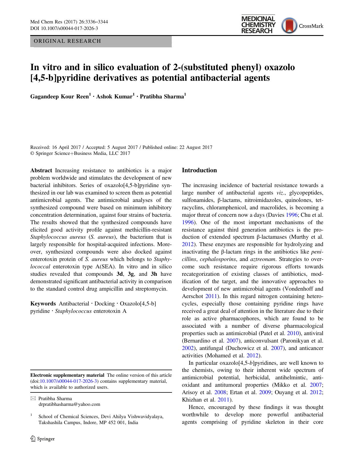 In vitro and in silico evaluation of 2-(substituted phenyl) oxazolo[4,5-b]pyridine derivatives as potential antibacterial agents by Gagandeep Kour Reen & Ashok Kumar & Pratibha Sharma