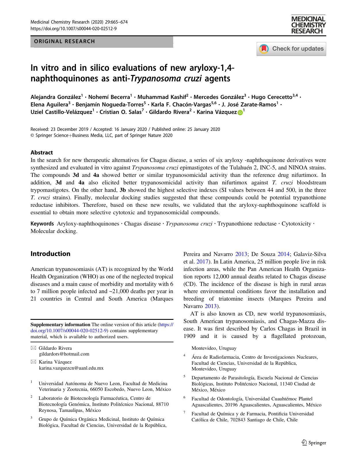 In vitro and in silico evaluations of new aryloxy-1,4-naphthoquinones as anti-Trypanosoma cruzi agents by unknow