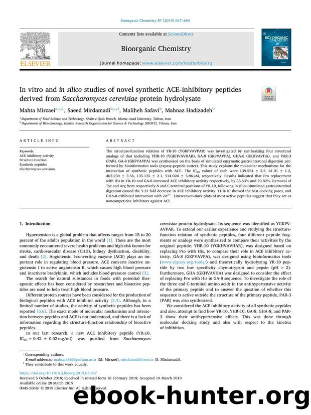 In vitro and in silico studies of novel synthetic ACE-inhibitory peptides derived from Saccharomyces cerevisiae protein hydrolysate by Mahta Mirzaei & Saeed Mirdamadi & Maliheh Safavi & Mahnaz Hadizadeh