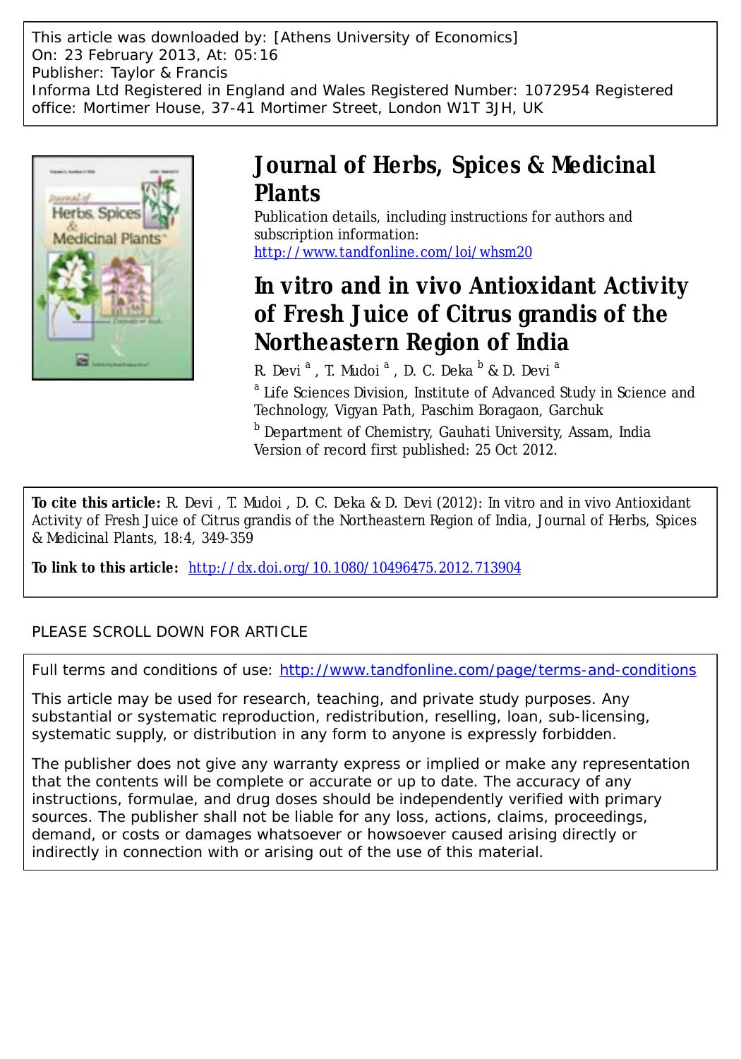 In vitro and in vivo Antioxidant Activity of Fresh Juice of Citrus grandis of the Northeastern Region of India by R. Devi T. Mudoi D. C. Deka & D. Devi