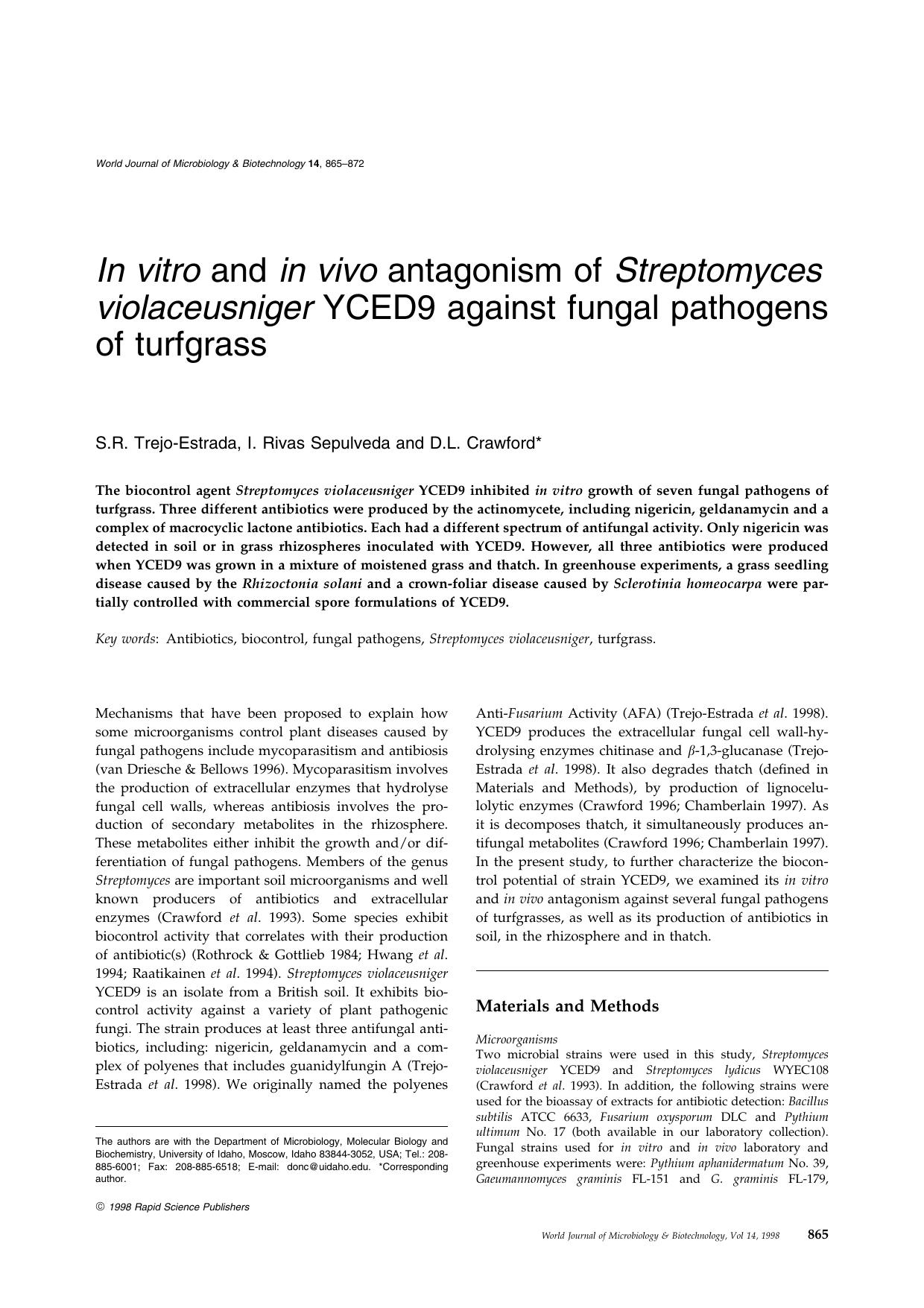In vitro and in vivo antagonism of Streptomyces violaceusniger YCED9 against fungal pathogens of turfgrass by Unknown