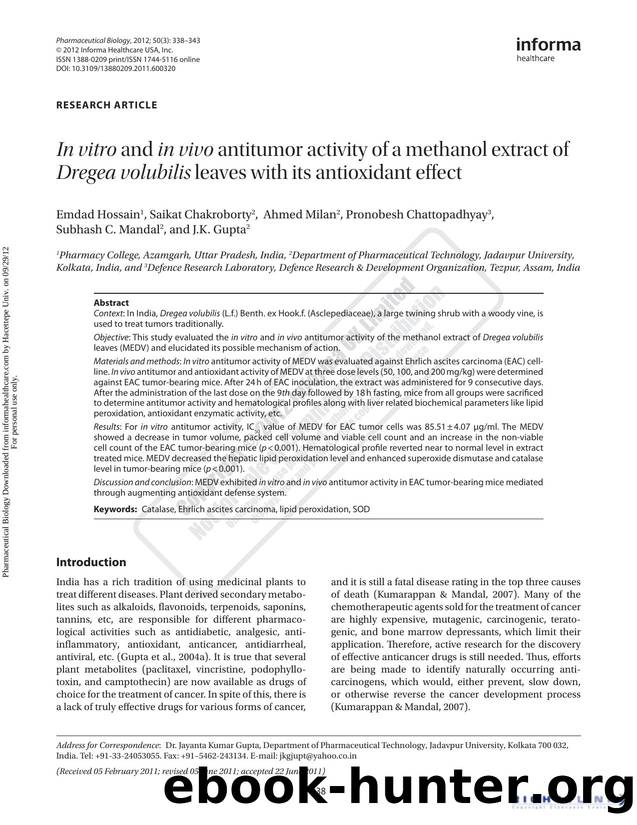 In vitro and in vivo antitumor activity of a methanol extract of Dregea volubilis leaves with its antioxidant effect by unknow