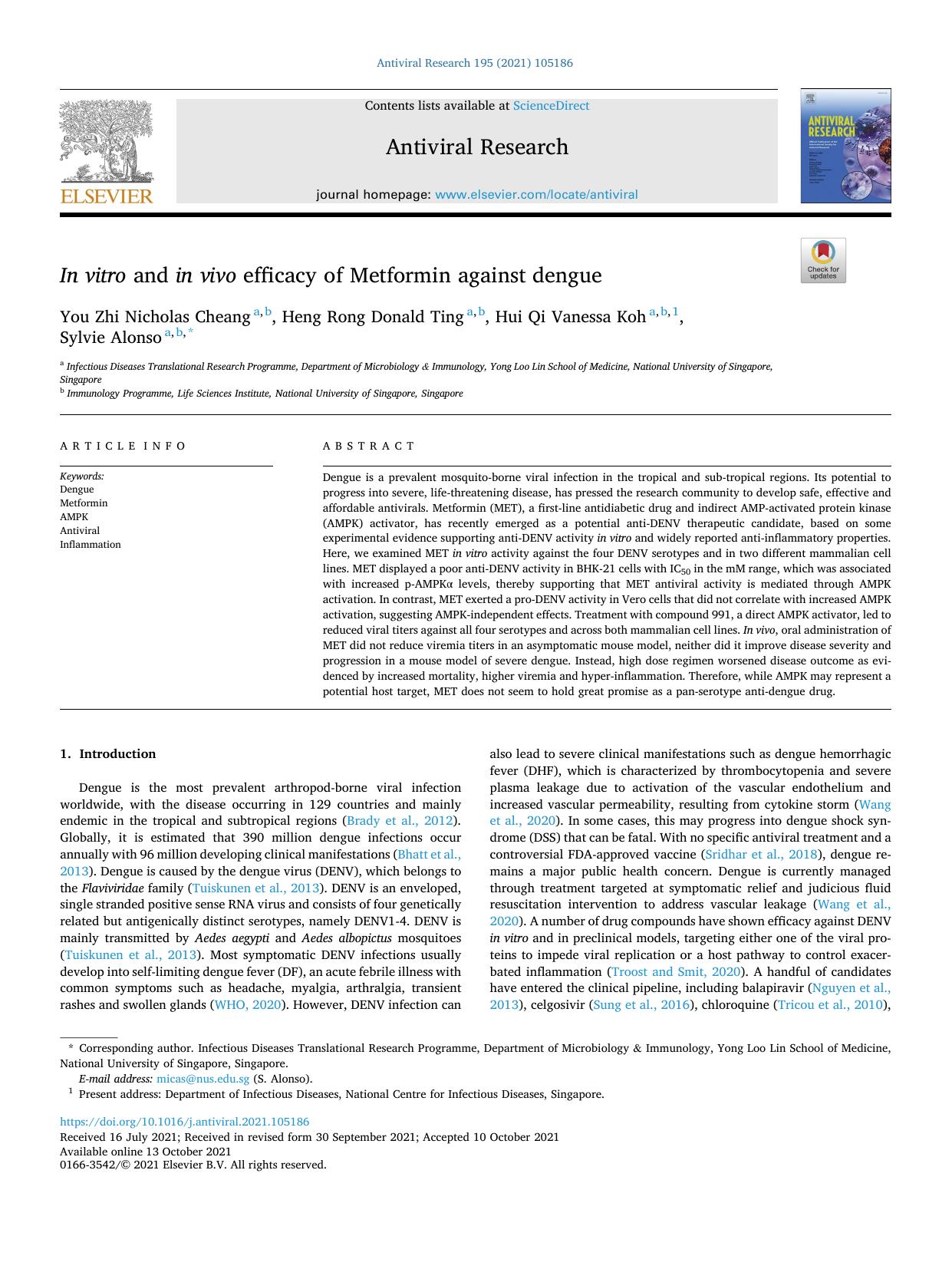 In vitro and in vivo efficacy of Metformin against dengue by You Zhi Nicholas Cheang & Heng Rong Donald Ting & Hui Qi Vanessa Koh & Sylvie Alonso