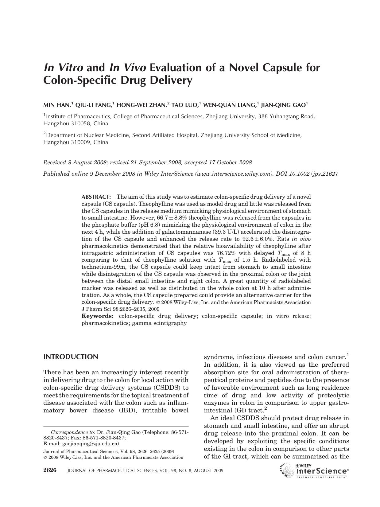 In vitro and in vivo evaluation of a novel capsule for colon-specific drug delivery by Unknown