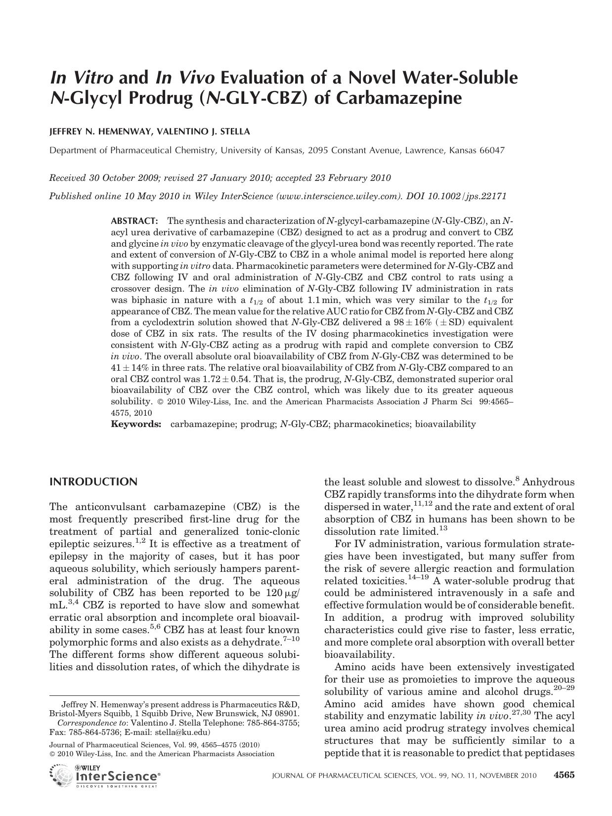 In vitro and in vivo evaluation of a novel water?soluble N?glycyl prodrug (N?GLY?CBZ) of carbamazepine by Unknown