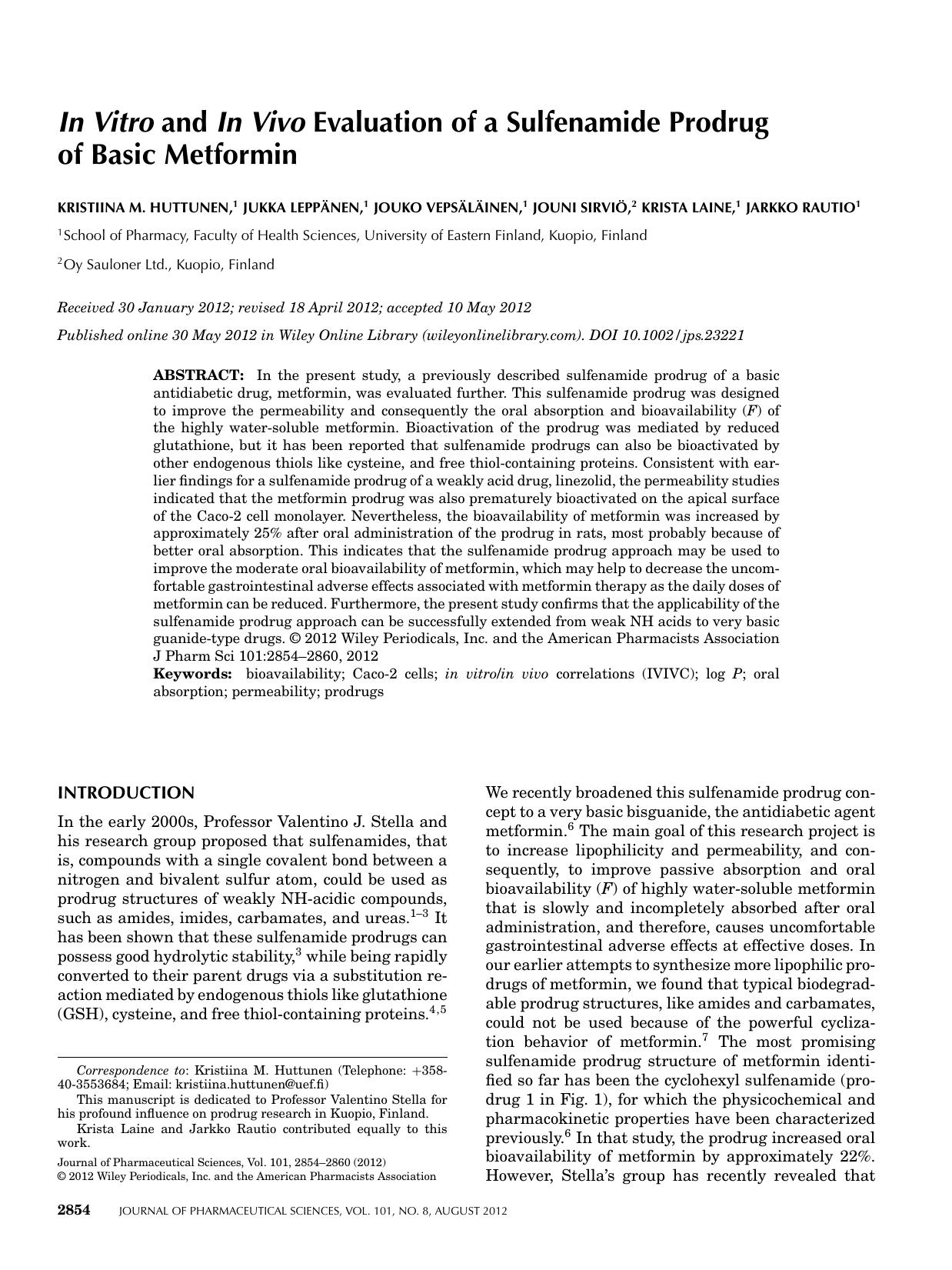 In vitro and in vivo evaluation of a sulfenamide prodrug of basic metformin by Unknown