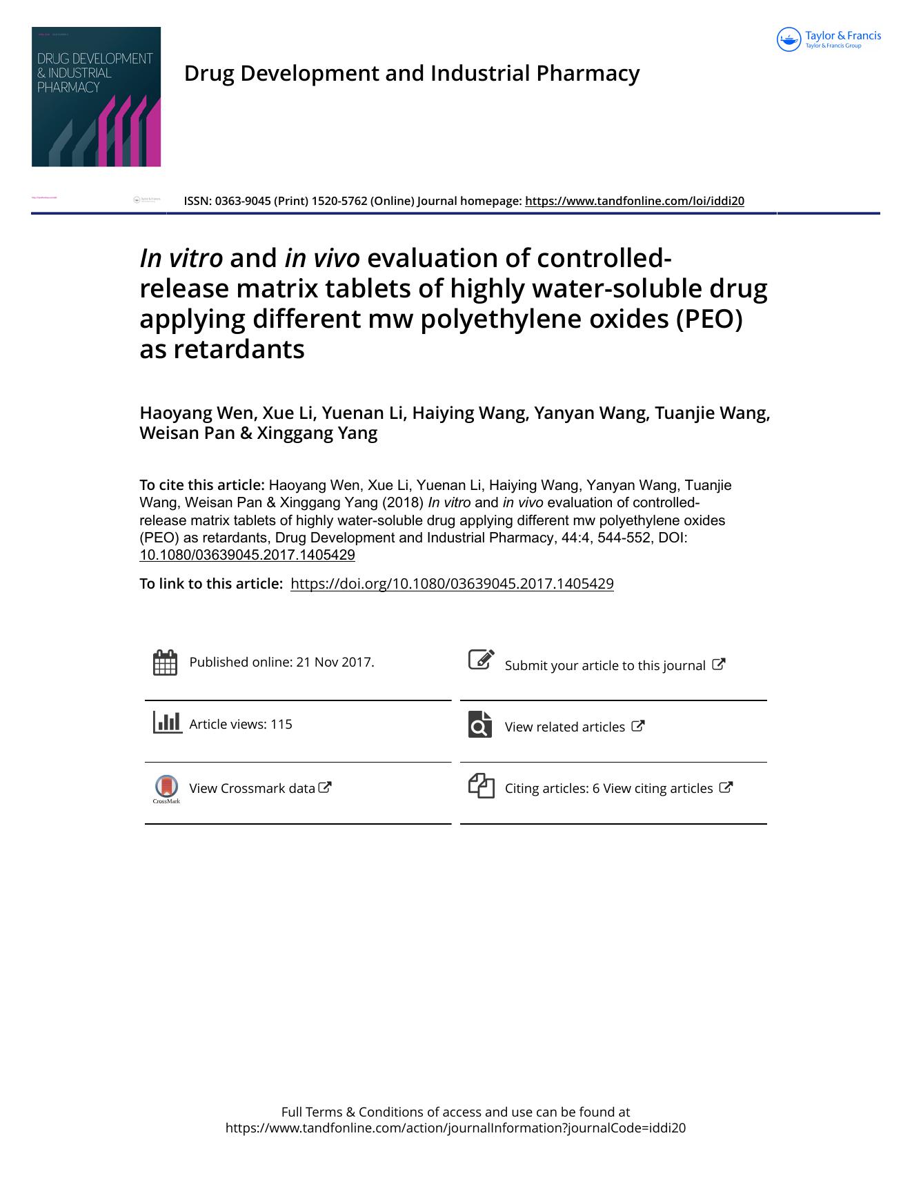 In vitro and in vivo evaluation of controlled-release matrix tablets of highly water-soluble drug applying different mw polyethylene oxides (PEO) as retardants by unknow