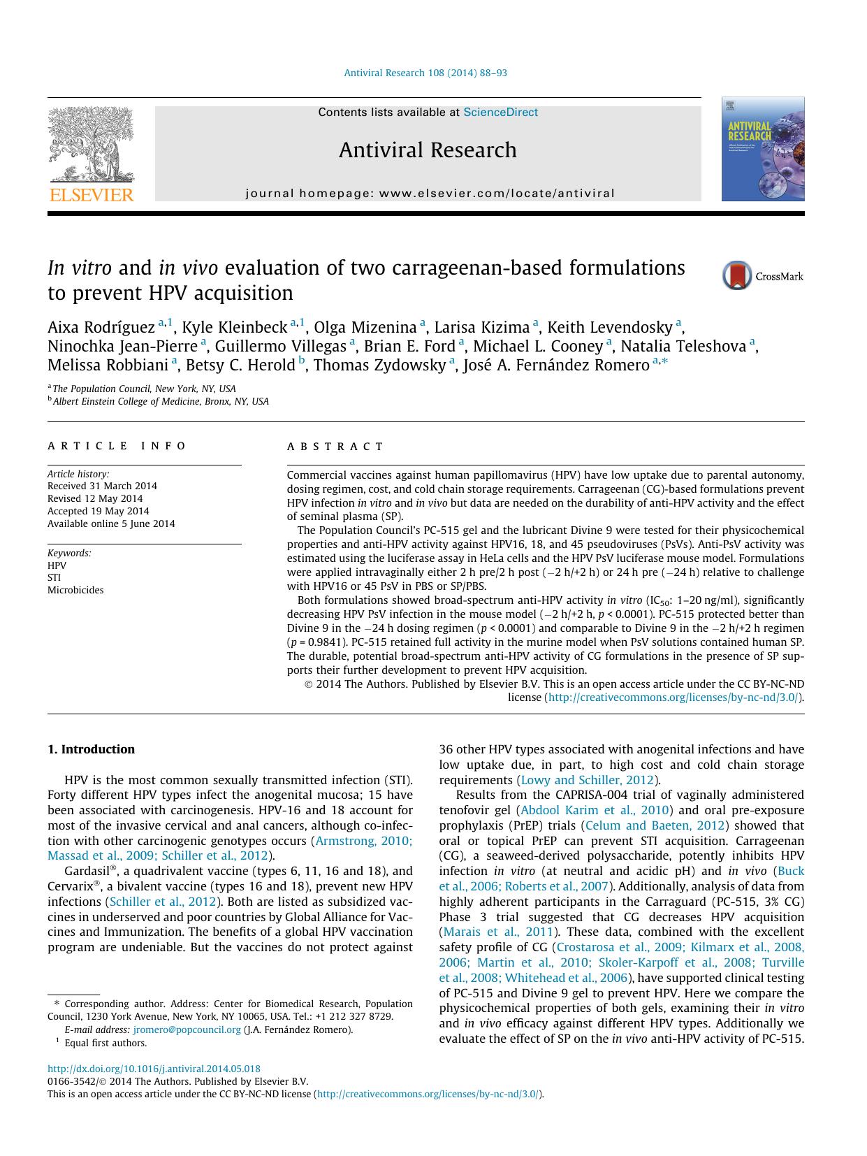 In vitro and in vivo evaluation of two carrageenan-based formulations to prevent HPV acquisition by unknow