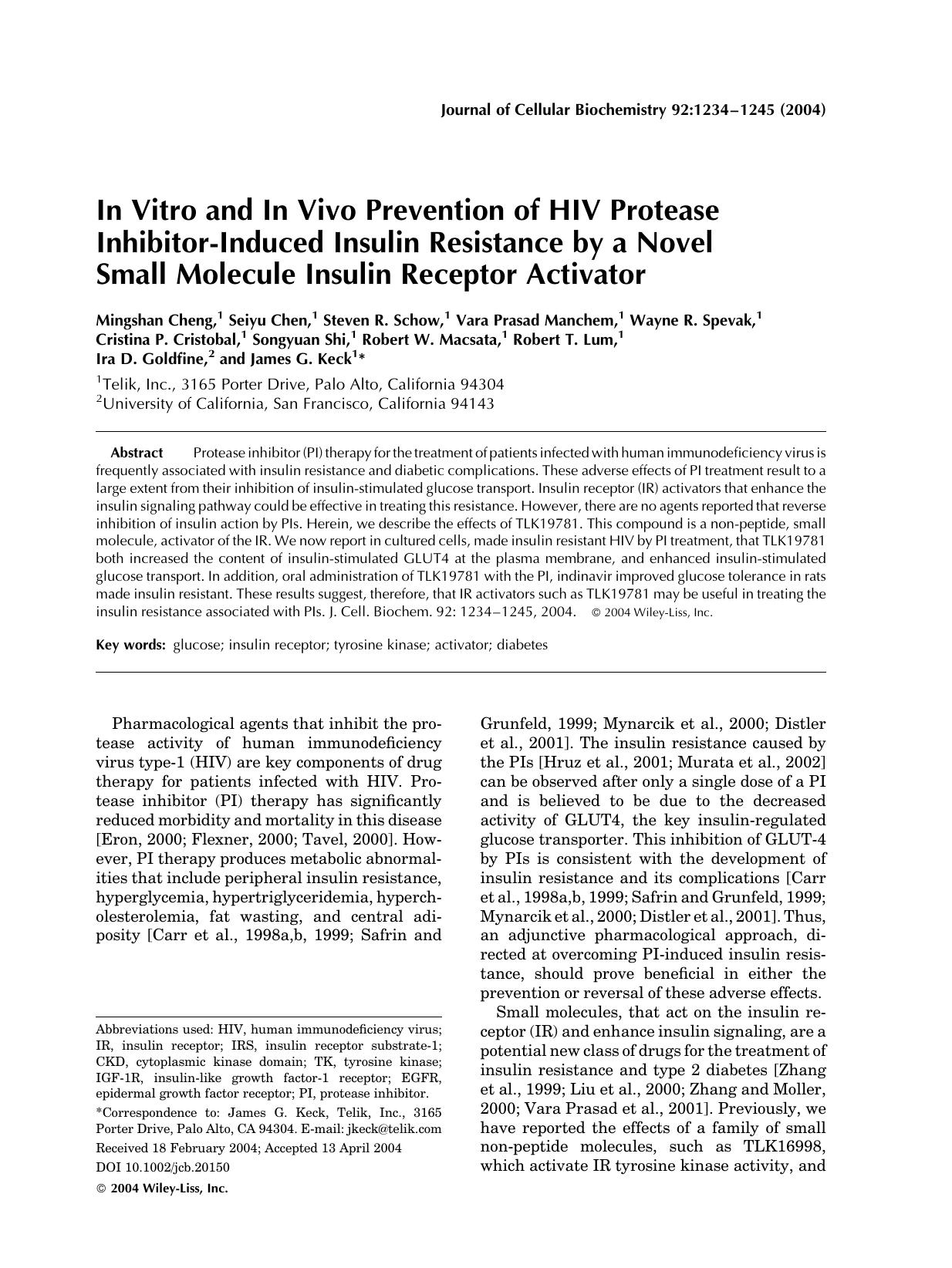 In vitro and in vivo prevention of HIV protease inhibitor-induced insulin resistance by a novel small molecule insulin receptor activator by Unknown