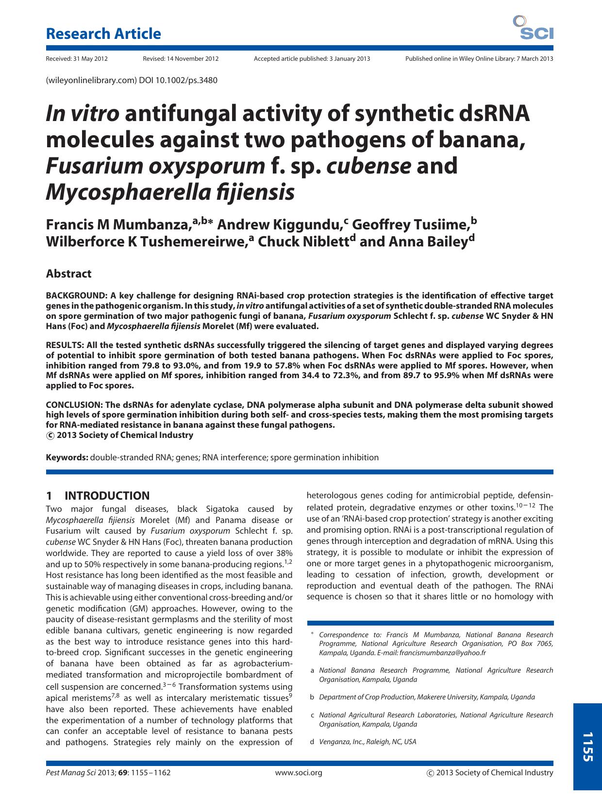 In vitro antifungal activity of synthetic dsRNA molecules against two pathogens of banana, Fusarium oxysporum f. sp. cubense and Mycosphaerella fijiensis by Unknown