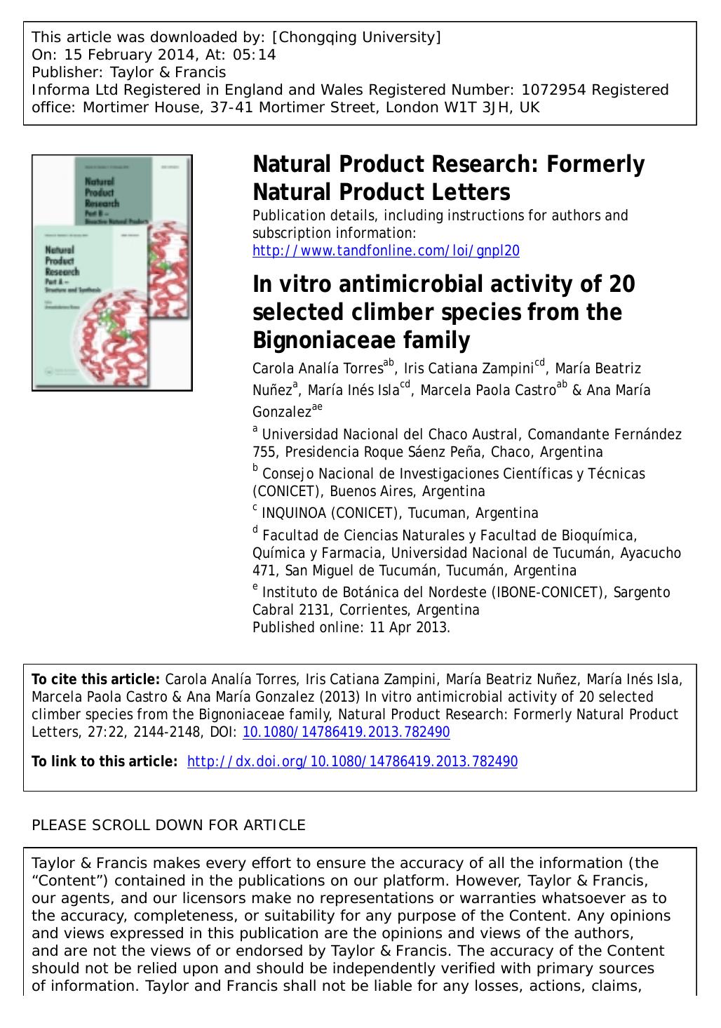 In vitro antimicrobial activity of 20 selected climber species from the Bignoniaceae family by unknow