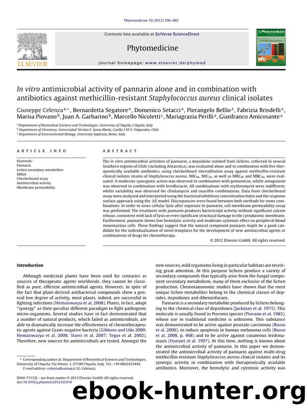 In vitro antimicrobial activity of pannarin alone and in combination with antibiotics against methicillin-resistant Staphylococcus aureus clinical isolates by Giuseppe Celenza