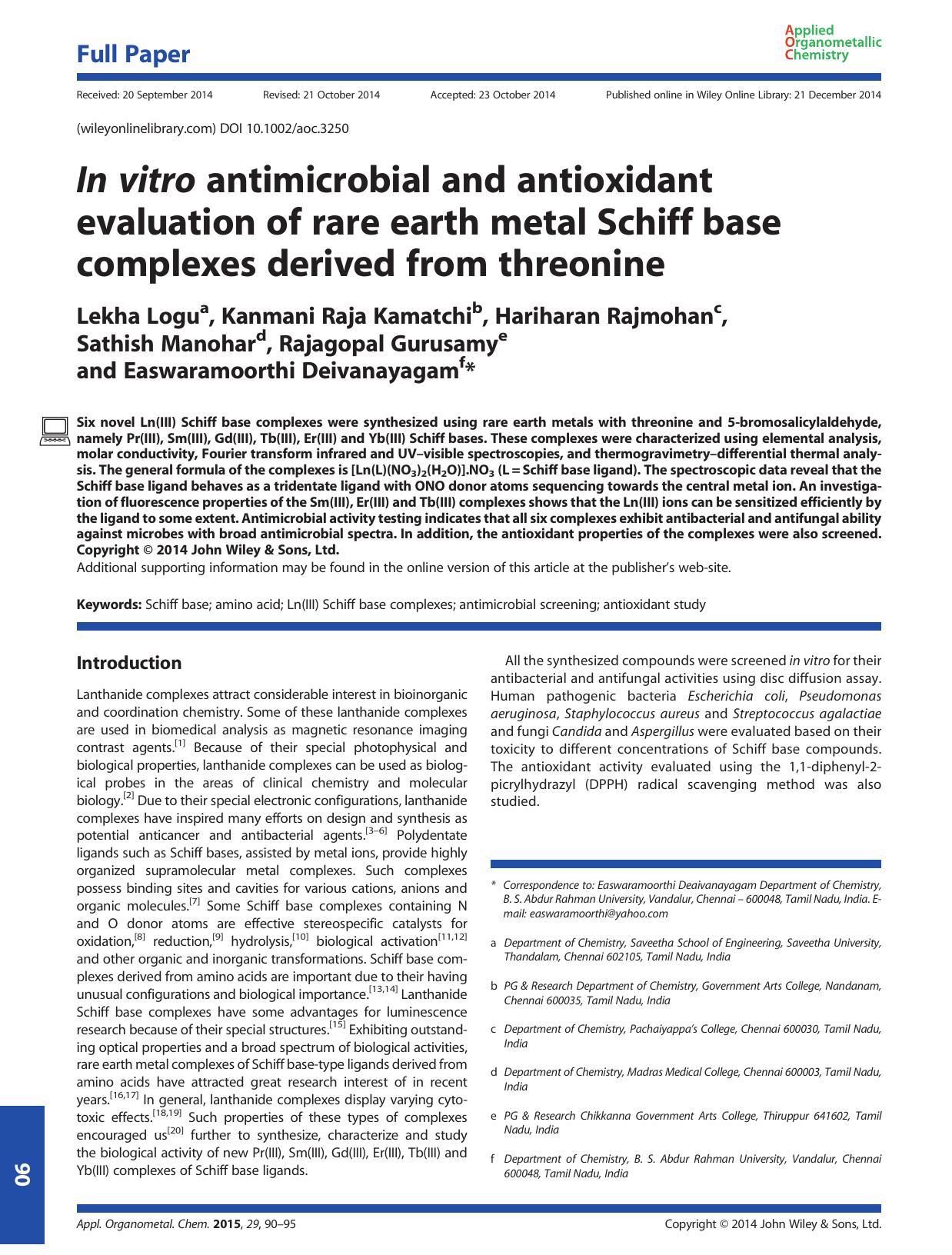In vitro antimicrobial and antioxidant evaluation of rare earth metal Schiff base complexes derived from threonine by unknow