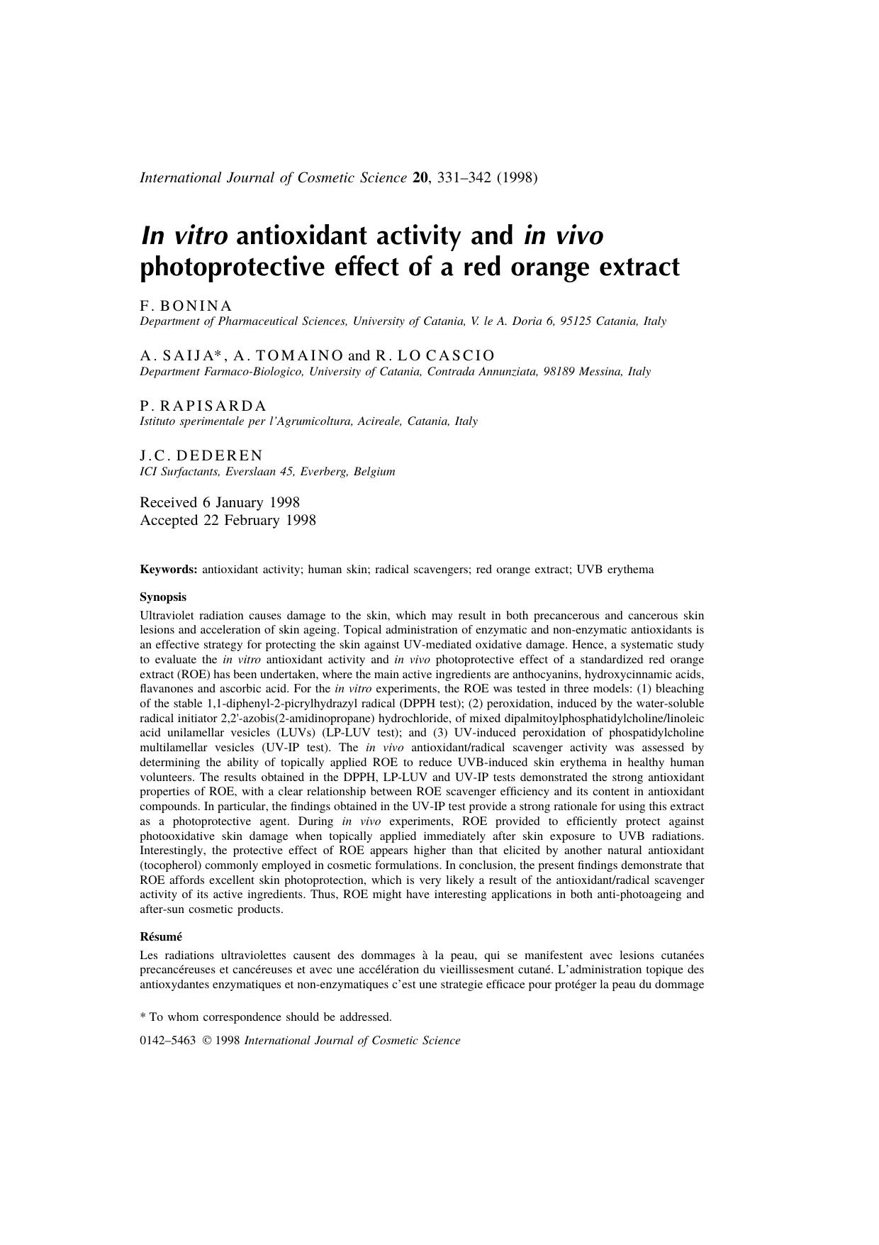 In vitro antioxidant activity and in vivo photoprotective effect of a red orange extract by Unknown