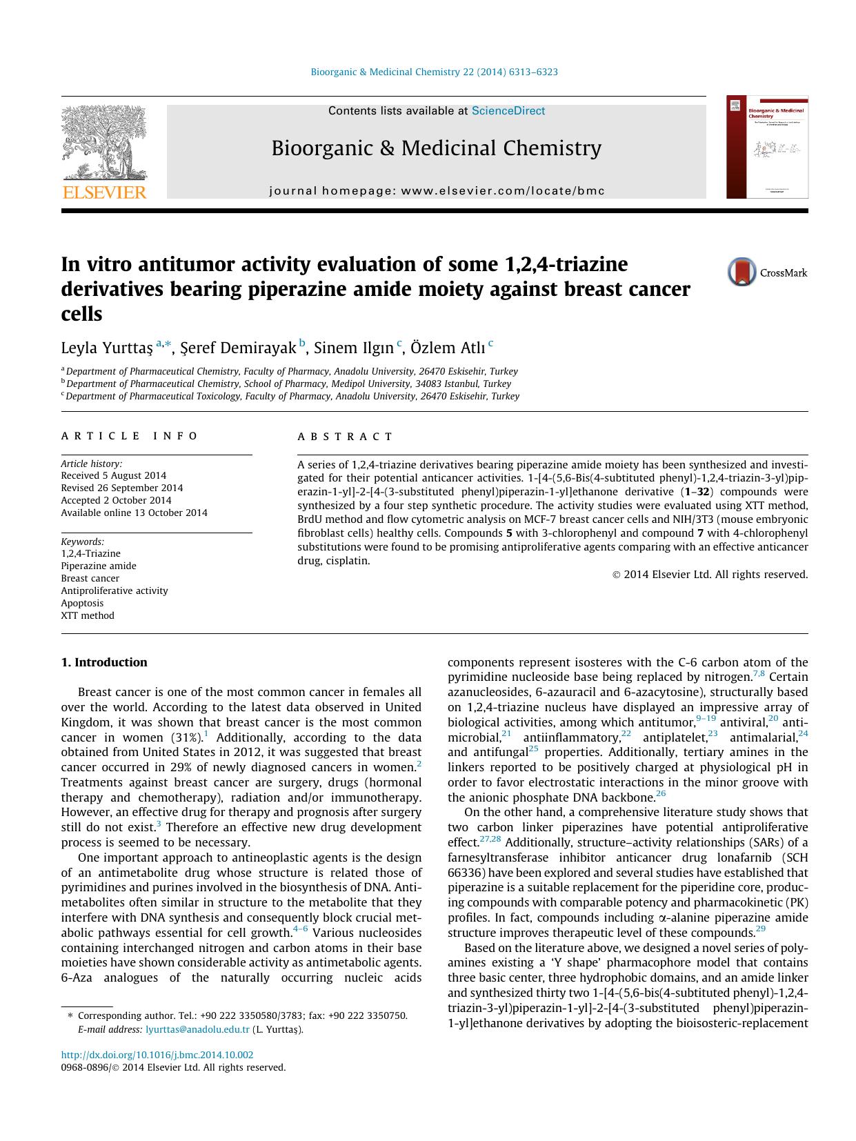 In vitro antitumor activity evaluation of some 1,2,4-triazine derivatives bearing piperazine amide moiety against breast cancer cells by Leyla YurttaÅŸ & Şeref Demirayak & Sinem Ilgın & Özlem Atlı