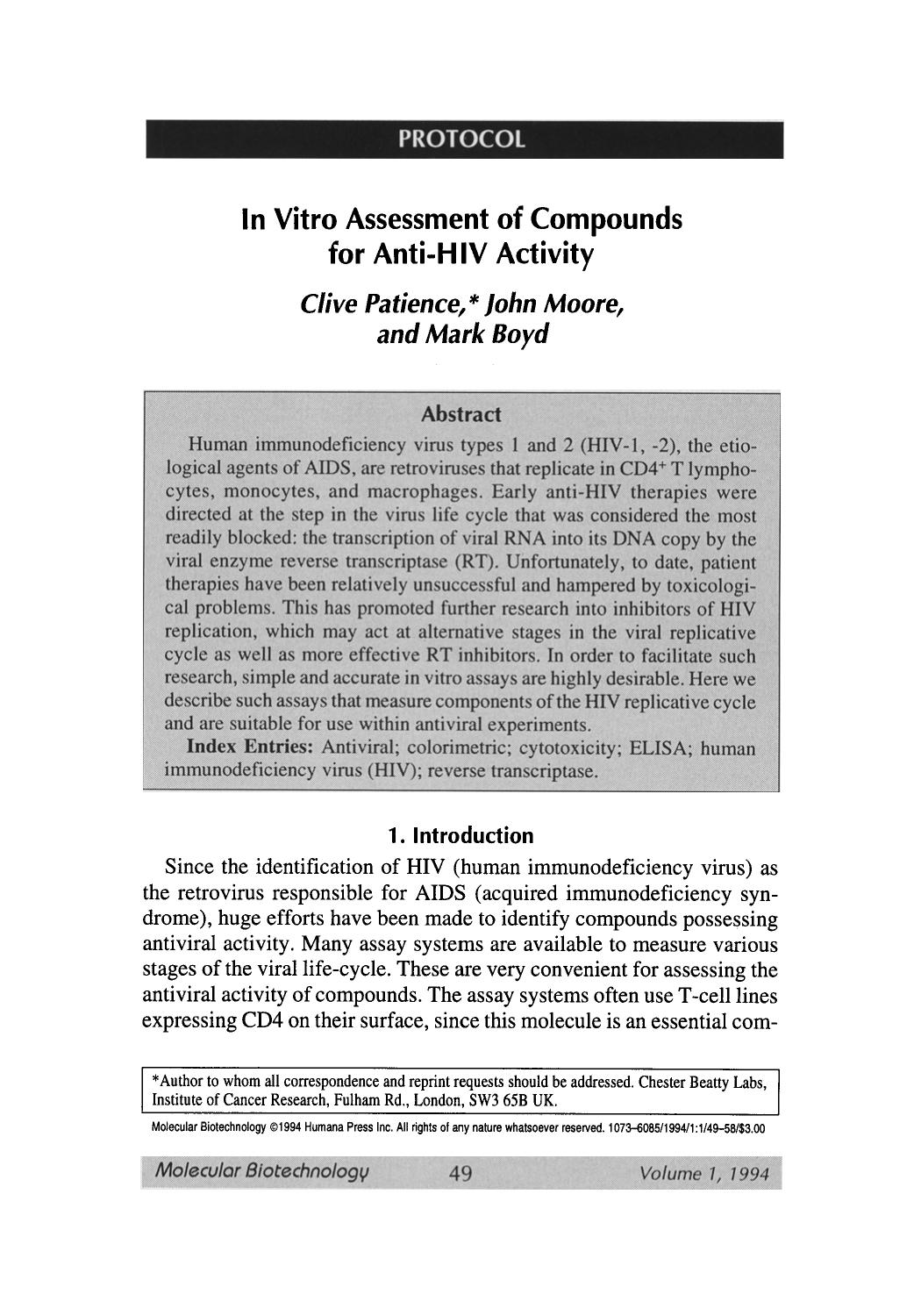 In vitro assessment of compounds for anti-HIV activity by Unknown