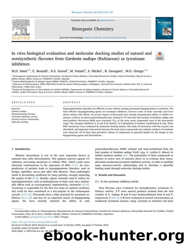 In vitro biological evaluation and molecular docking studies of natural and semisynthetic flavones from Gardenia oudiepe (Rubiaceae) as tyrosinase inhibitors by M.D. Santi & C. Bouzidi & N.S. Gorod & M. Puiatti & S. Michel & R. Grougnet & M.G. Ortega