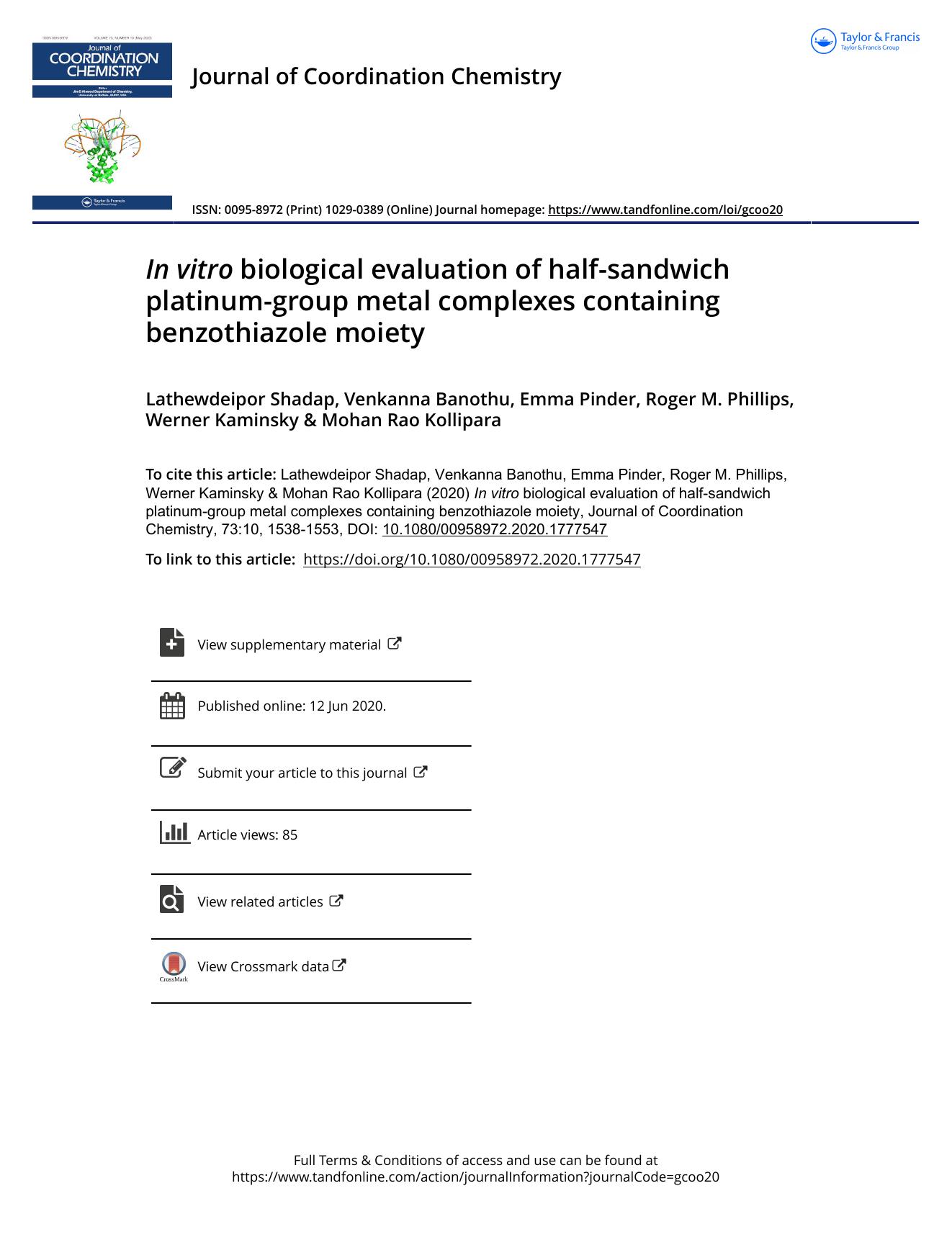 In vitro biological evaluation of half-sandwich platinum-group metal complexes containing benzothiazole moiety by unknow
